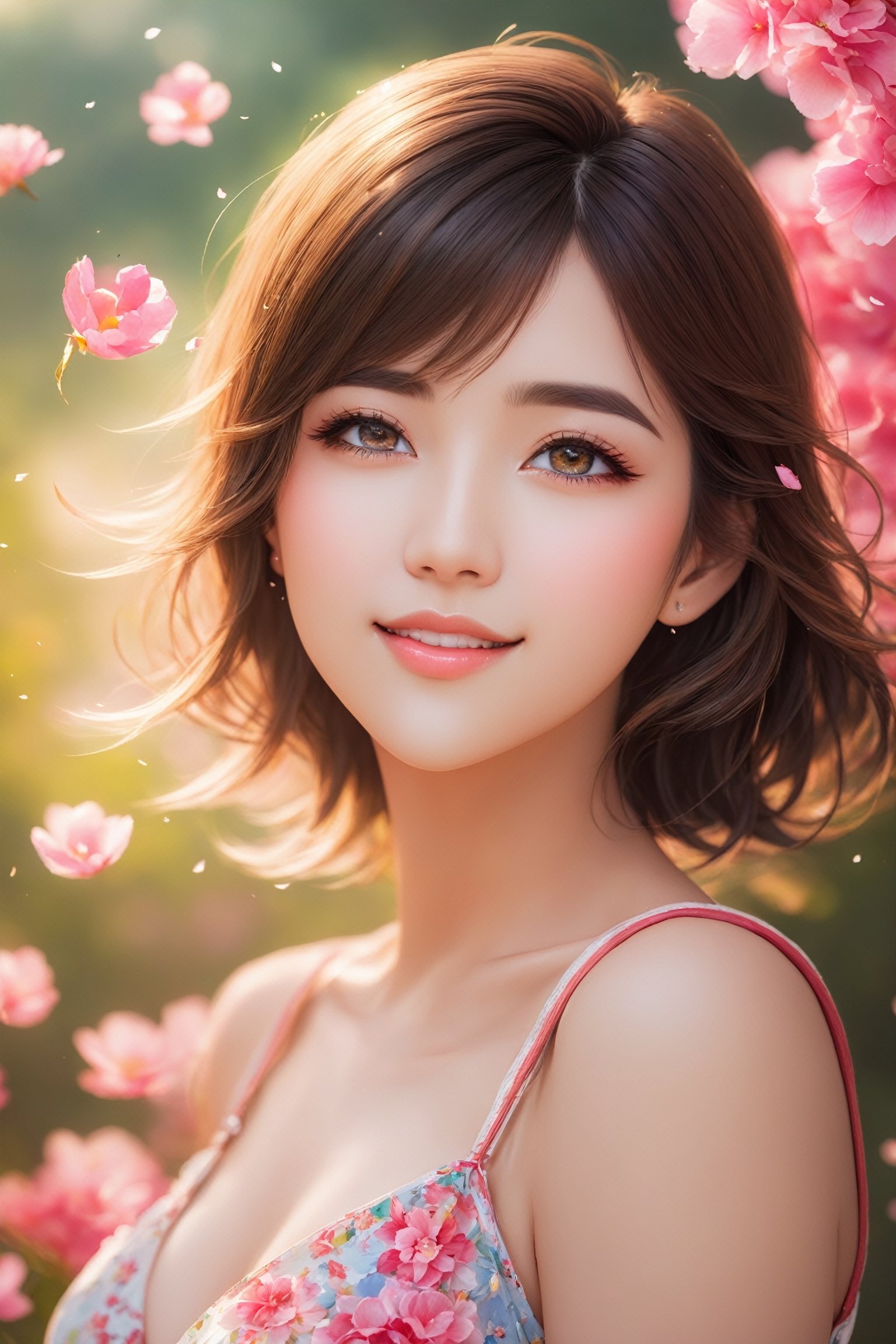 best quality,ultra-detailed,highres,realistic,extremely detailed eyes and face,beautiful detailed eyes,beautiful detailed lips, cute smile, longeyelashes,1girl,short-hair,hair fluttering in the wind,facing to the side,look up at your face,eyes closed,(sleeveless:1.1),skirt,D cup breasts,countless petals are falling,portraits,vivid colors,soft lighting,bokeh