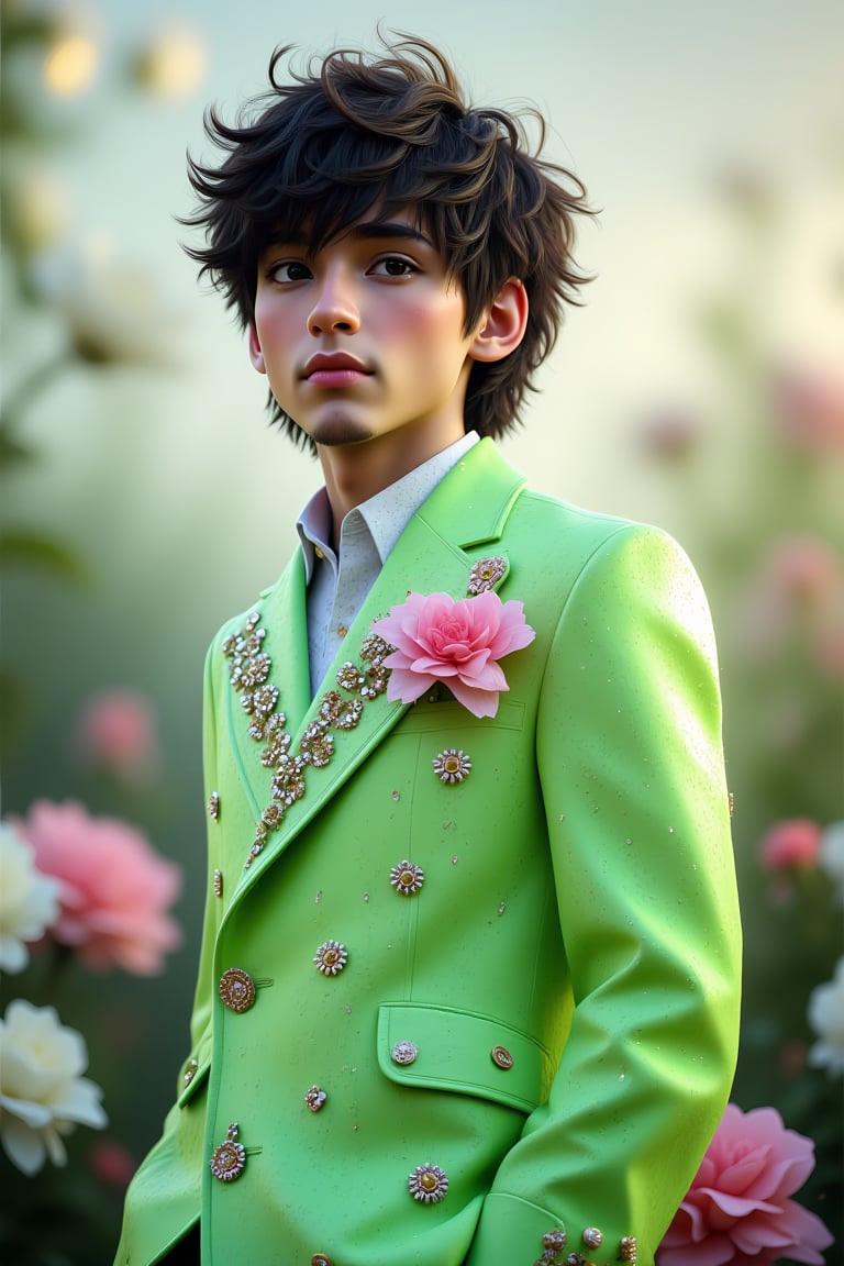 A fashion-forward young man with wavy, tousled dark hair stands amidst a soft, dreamy garden setting, surrounded by blurred, blooming white and pink flowers in the background. He wears an eye-catching, vibrant neon green coat with a shimmering texture, intricate beading along the shoulders and lapels, and floral-themed buttons. The atmosphere has a soft, ethereal glow, with diffused natural light casting a delicate haze on the scene, creating a surreal yet serene mood. The composition focuses on the contrast between the sharp, modern, avant-garde outfit and the lush, romantic floral background, evoking a sense of high-fashion artistry and natural elegance.