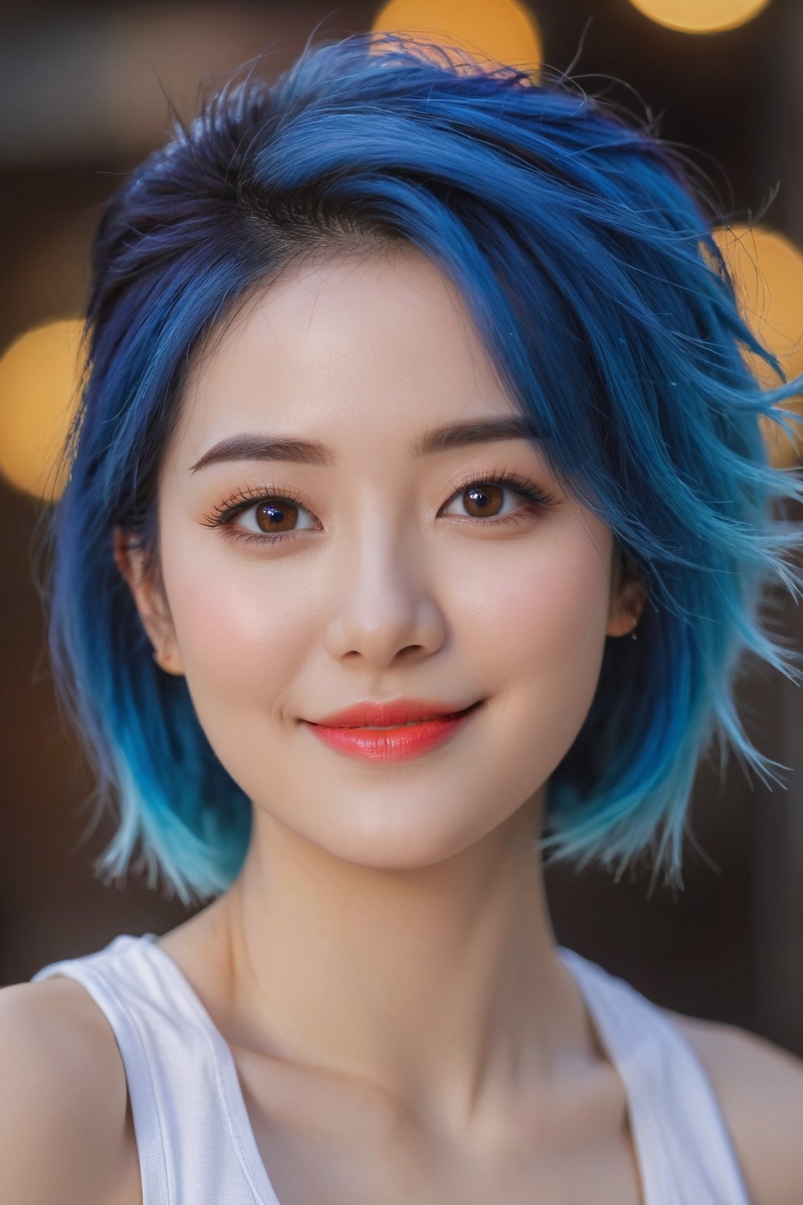 woman, smiling, blue hair, gym clothes, (best quality, highres:1.2), (vivid colors, colorful:1.1), (bokeh), (portraits), (studio lighting), (ultra-fine painting), (sharp focus), (extremely detailed eyes and face), (detailed lips), (beautiful detailed eyes), (long eyelashes),Korean