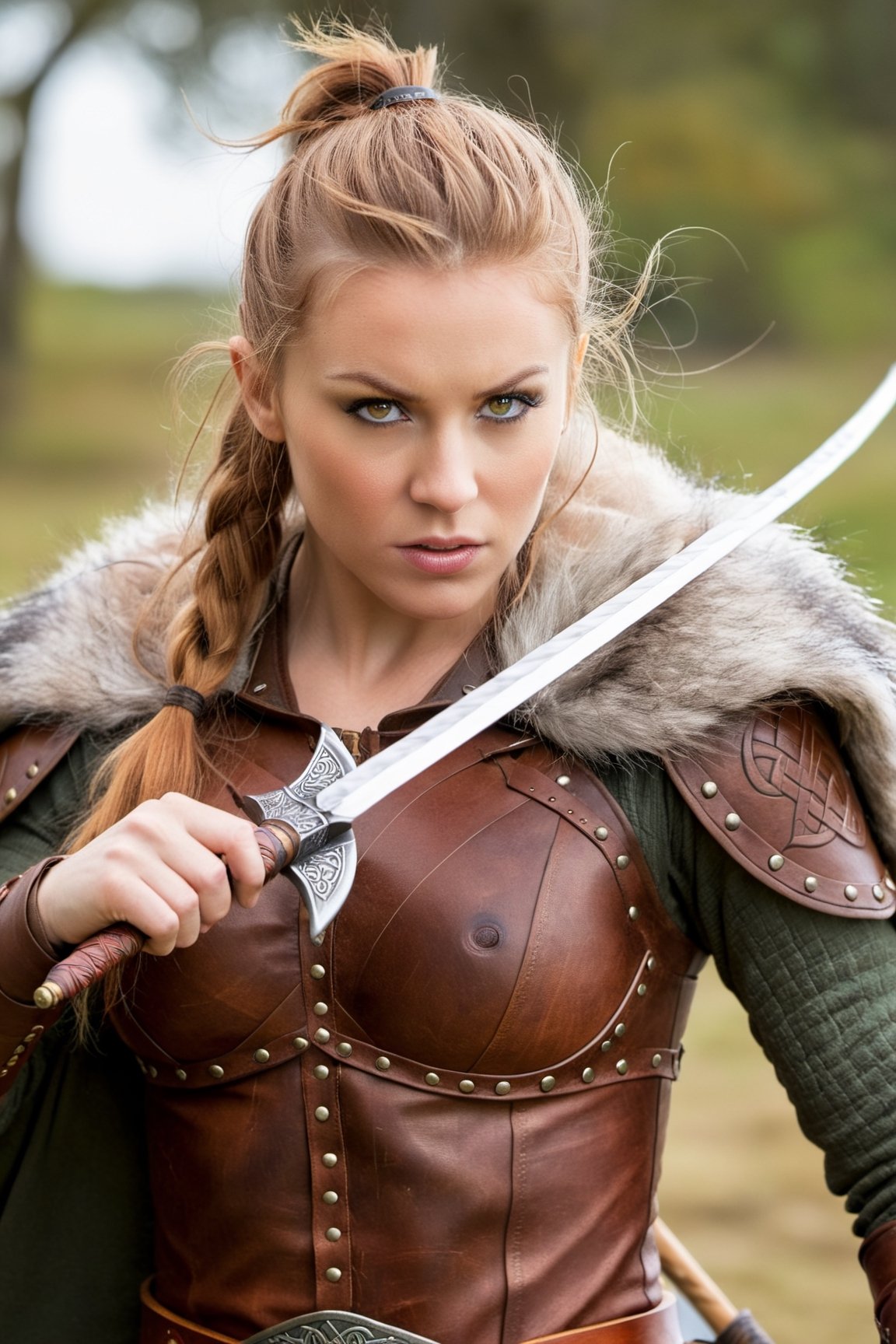 (Portrait of a fierce and fearsome Celtic warrior in battle), (action shot photo), (portrait), (fearsome), (furs coat), (ginger curl short hair), (holding an arrowbow), (silver eyes), (serious face, angry, mad), (Epic hero), (Symmetric), (Cinematic, vikings series style), (photorealistic fantasy art), (cinematic, realistic), (inspirational image), (digital art), (viking armor), (amber tone), (vikings mythology), (ambient lighting), (bokeh).