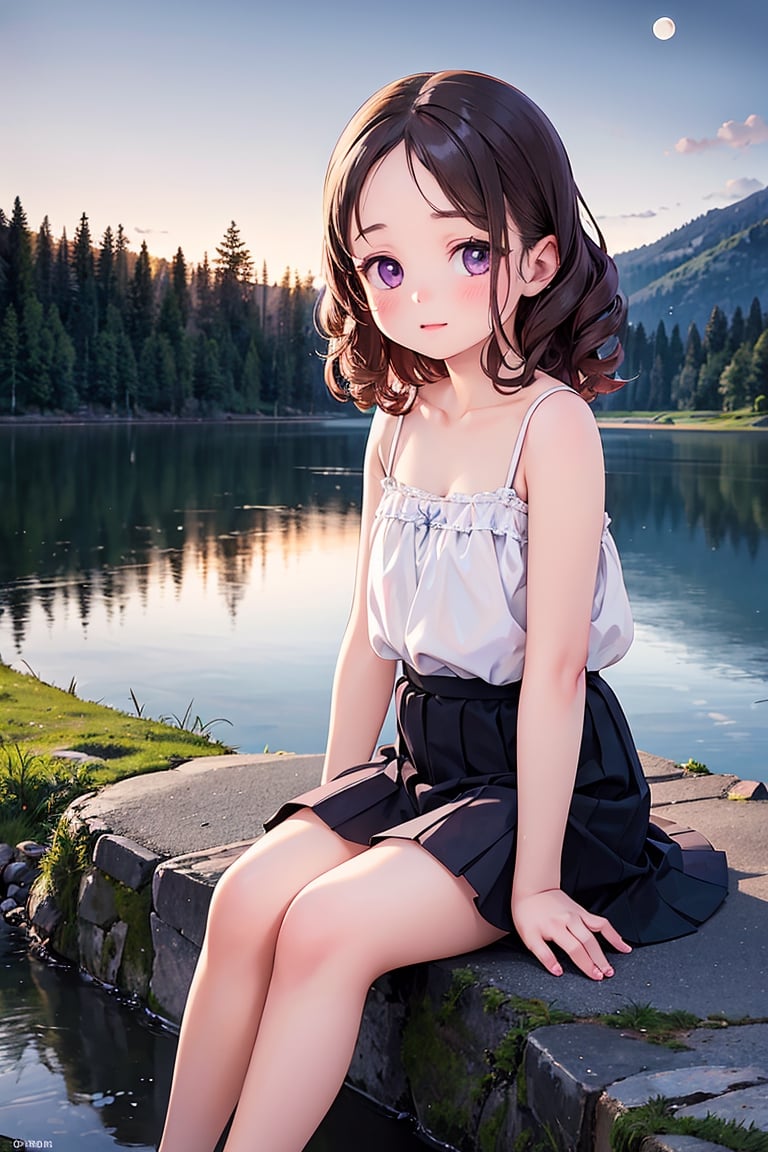 (best quality, realistic, HDR), 1girl, child, purple eyes, long and curly brown hair, detailed forehead, wearing a short skirt and a camisole, looking embarrassed, sitting by the riverbank, surrounded by mountains in the background, with the moonlight illuminating the scene