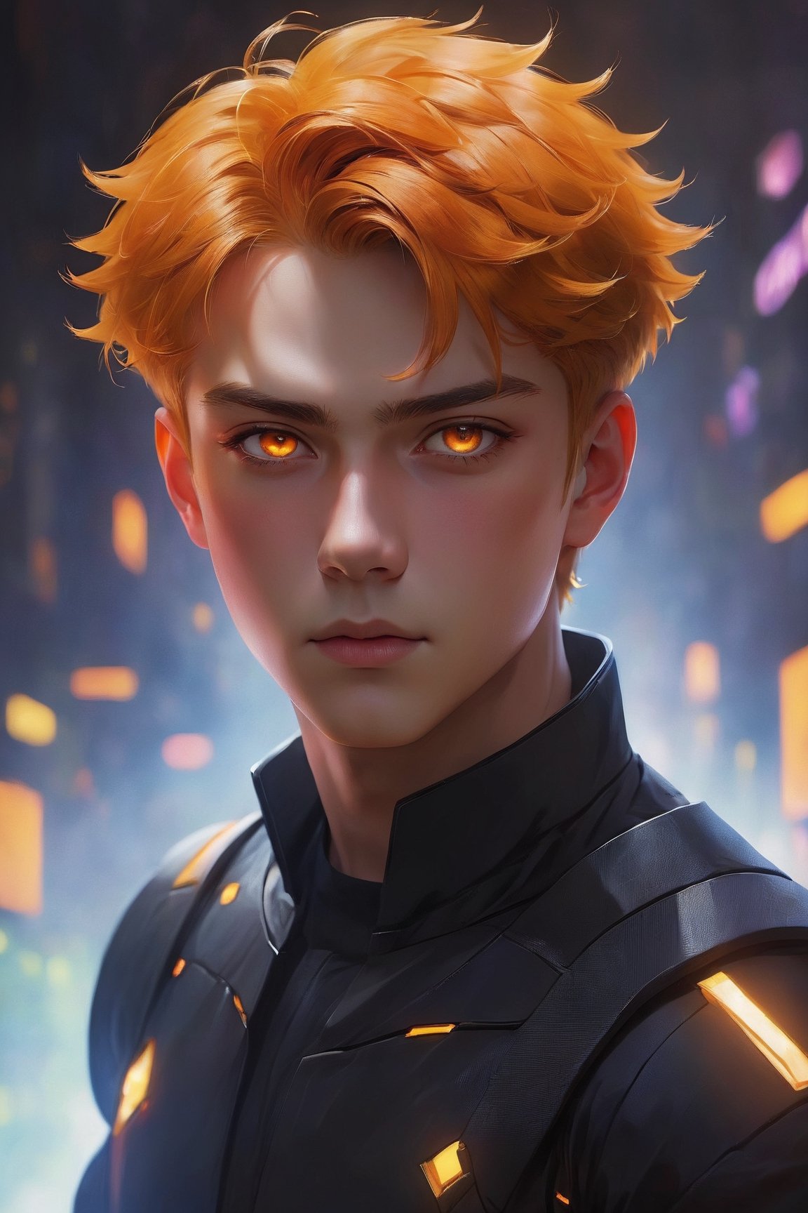 (best quality,8K,highres,masterpiece), ultra-detailed, solo,looking at viewer,short hair,1boy,closed mouth,yellow eyes,upper body,male focus,orange hair,orange eyes,glowing,colored skin,black background,portrait,glowing eyes,realistic,dark