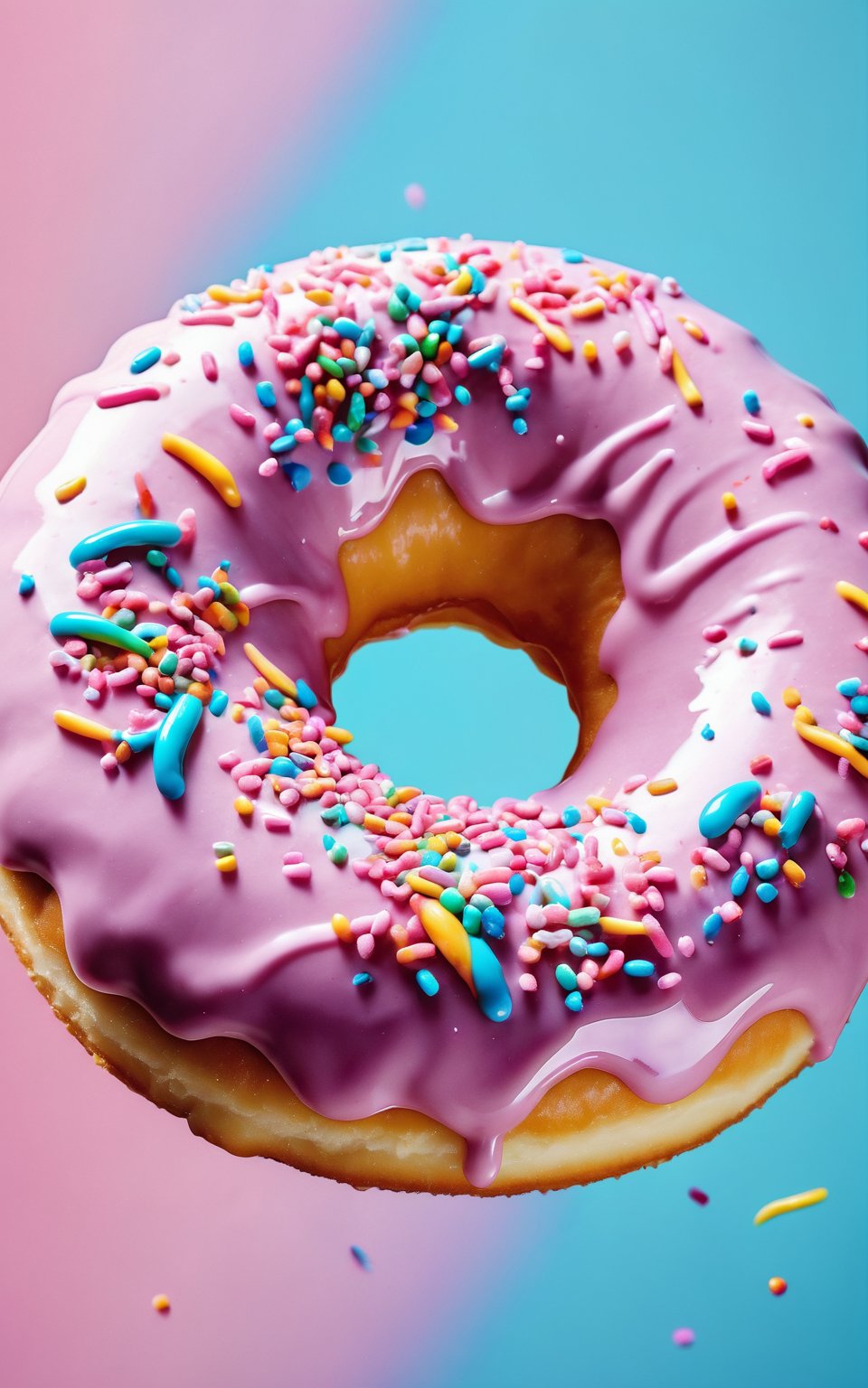 (best quality, 4k, 8k, highres, masterpiece), ultra-detailed,a donut coated with an iridescent glossy glaze that mirrors a pastel rainbow with swirls of ethereal pastel nebulas covered in colorful sprinkles 