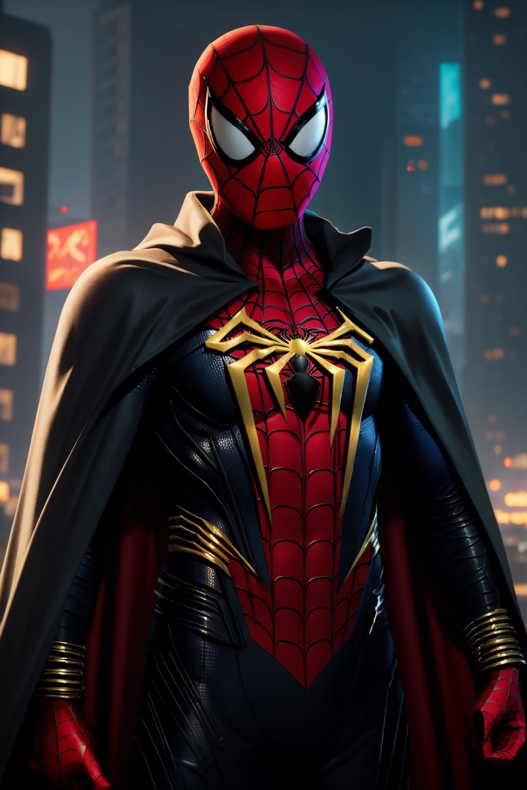 (Breathtaking 8K concept art), (Spiderman in a striking black and red armored suit, unmasked, with a flowing cape:1.3), Set against a detailed night cityscape, captured with cinematic precision, (Enhanced by soft, natural volumetric lighting:1.3), Drawing inspiration from artistic masters like Caravaggio and modern visionaries like Rutkowski and Beeple, (An ArtStation sensation:1.3), This masterpiece showcases Spiderman in a whole new light, (Artistic excellence on display:1.3)