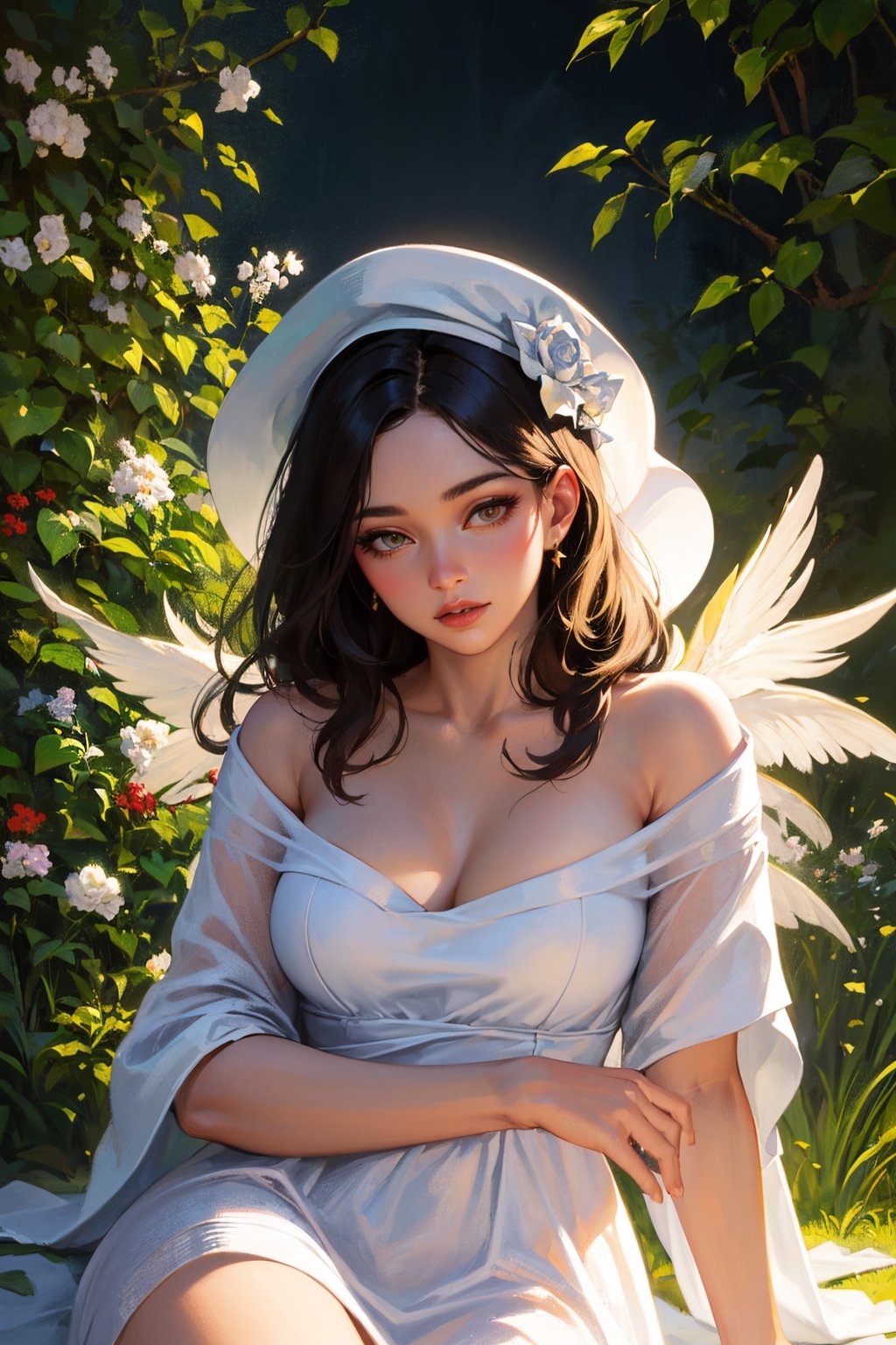 (best quality,4k,8k,highres,masterpiece:1.2),ultra-detailed,(realistic,photorealistic,photo-realistic:1.37),1girl,mature female,beautiful detailed eyes,beautiful detailed lips,extremely detailed eyes and face,long eyelashes,white witch hat,crimson red dress,sitting in an enchanting garden,illustration,graceful posture,golden ethereal glow,vibrant colors,soft lighting,peaceful atmosphere