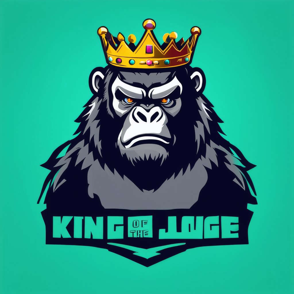 gaming logo design,  an illustration of a gorilla wearing a crown on his head with the words "king of the jungle"