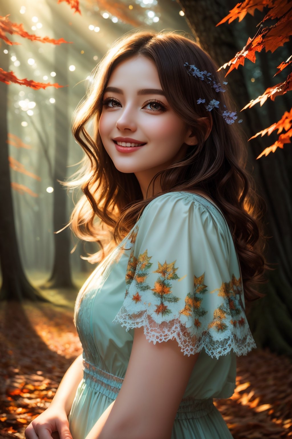 best quality,ultra-detailed,realistic,photorealistic:1.37,portrait,beautiful curvy woman,beautiful detailed eyes,beautiful detailed lips,wavy hair,wearing lovely autumn dress,cute smile,surrounded by a mystical forest,walking towards the camera,magical aura,whimsical,colorful autumn leaves,floating in the air,gentle breeze,rays of sunlight peeping through the trees,soft dappled light,peaceful atmosphere,magical creatures,playing around,sparkling fairy dust,soft glow,x,y,z style painting,blending colors,vibrant hues,dreamlike scenery,Realism