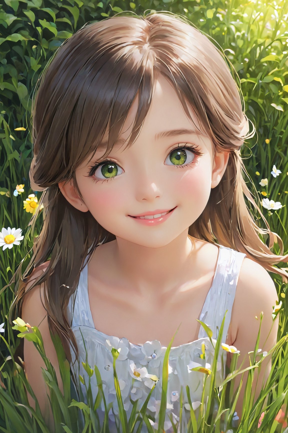 (best quality, 4k, 8k, highres, masterpiece:1.2), ultra-detailed, (realistic, photorealistic, photo-realistic:1.37), beautiful detailed eyes, beautiful detailed lips, extremely detailed eyes and face, longeyelashes, little girl, cute girl, cute smile, outdoor, illustration, pastel colors, soft lighting, happy expression, green garden, flowers, grass, sunshine,ANIME