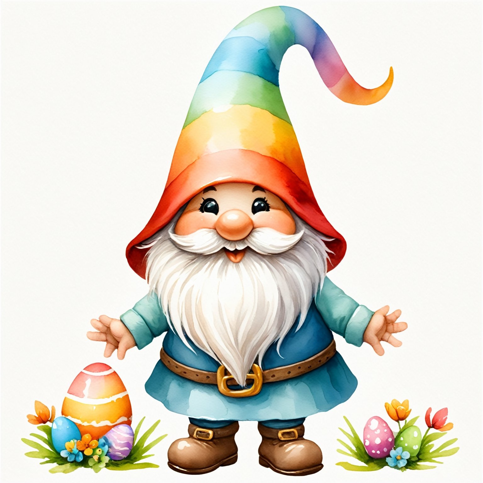 AiArtV,Happy Easter,colorful,easter theme,clipart, a gnome with a long beard and a hat on