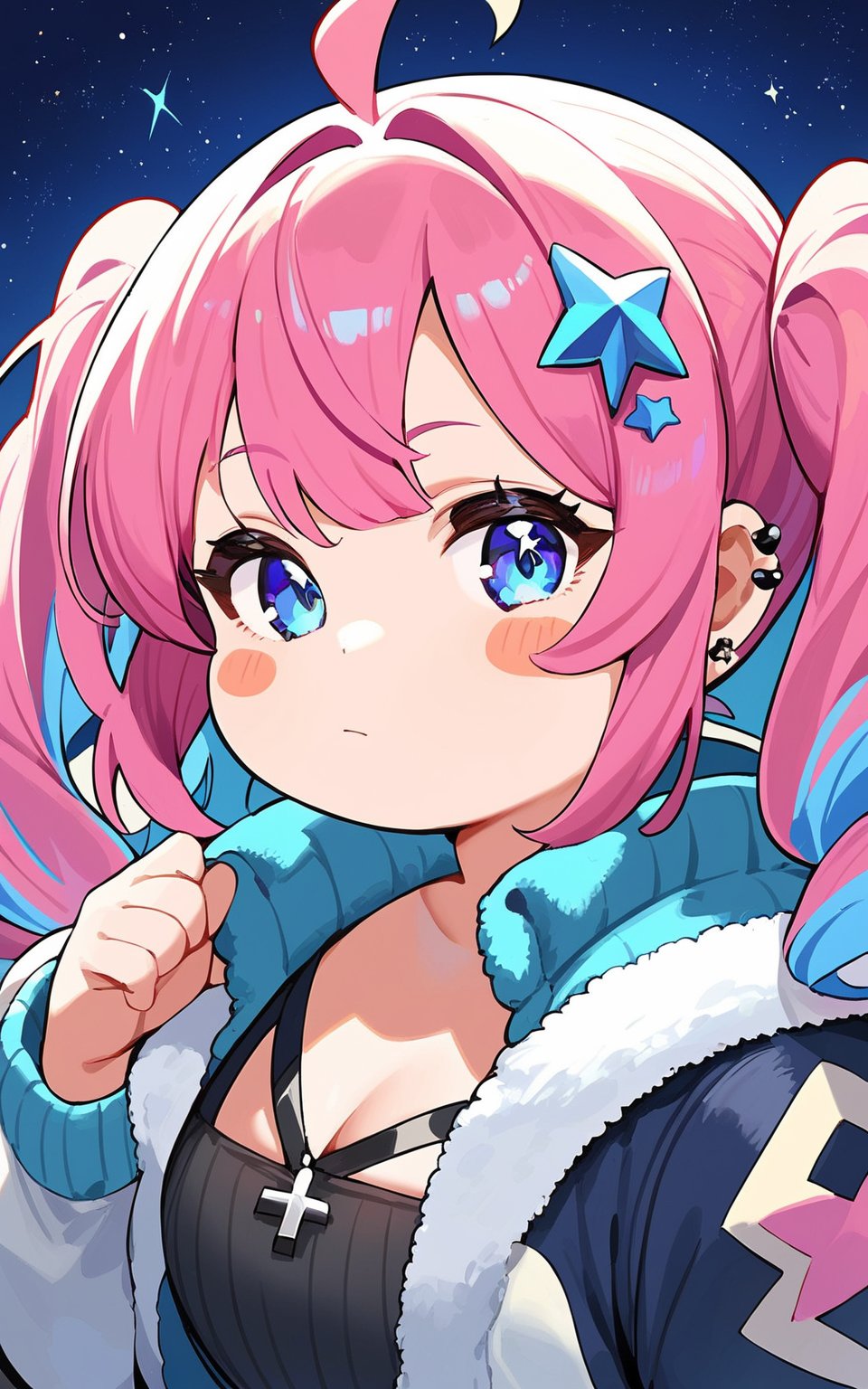 score_9,score_8_up,score_7_up, 1girl,looking at viewer,bangs,blue eyes,hair ornament,twintails,jewelry,closed mouth,blue hair,jacket,upper body,pink hair,purple hair,ahoge,multicolored hair,earrings,star (symbol),gradient,gradient background,blush stickers,piercing,cross,ear piercing,star (sky),starry sky,star hair ornament