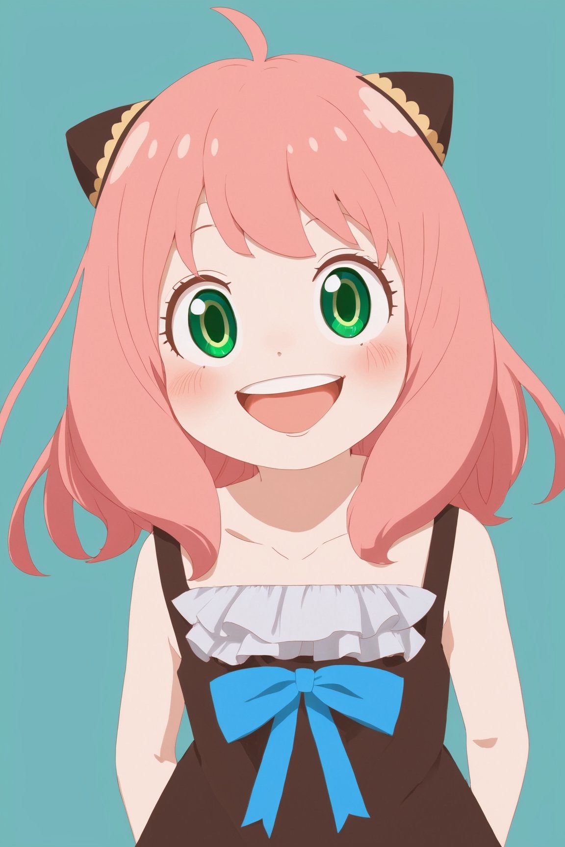 anya forger, 1girl, solo, looking at viewer, blush, smile, open mouth, bangs, simple background, dress, ribbon, green eyes, collarbone, upper body, pink hair, ahoge, :d, teeth, medium hair, black dress, upper teeth only, blue background, child, female child, anya (spy x family)