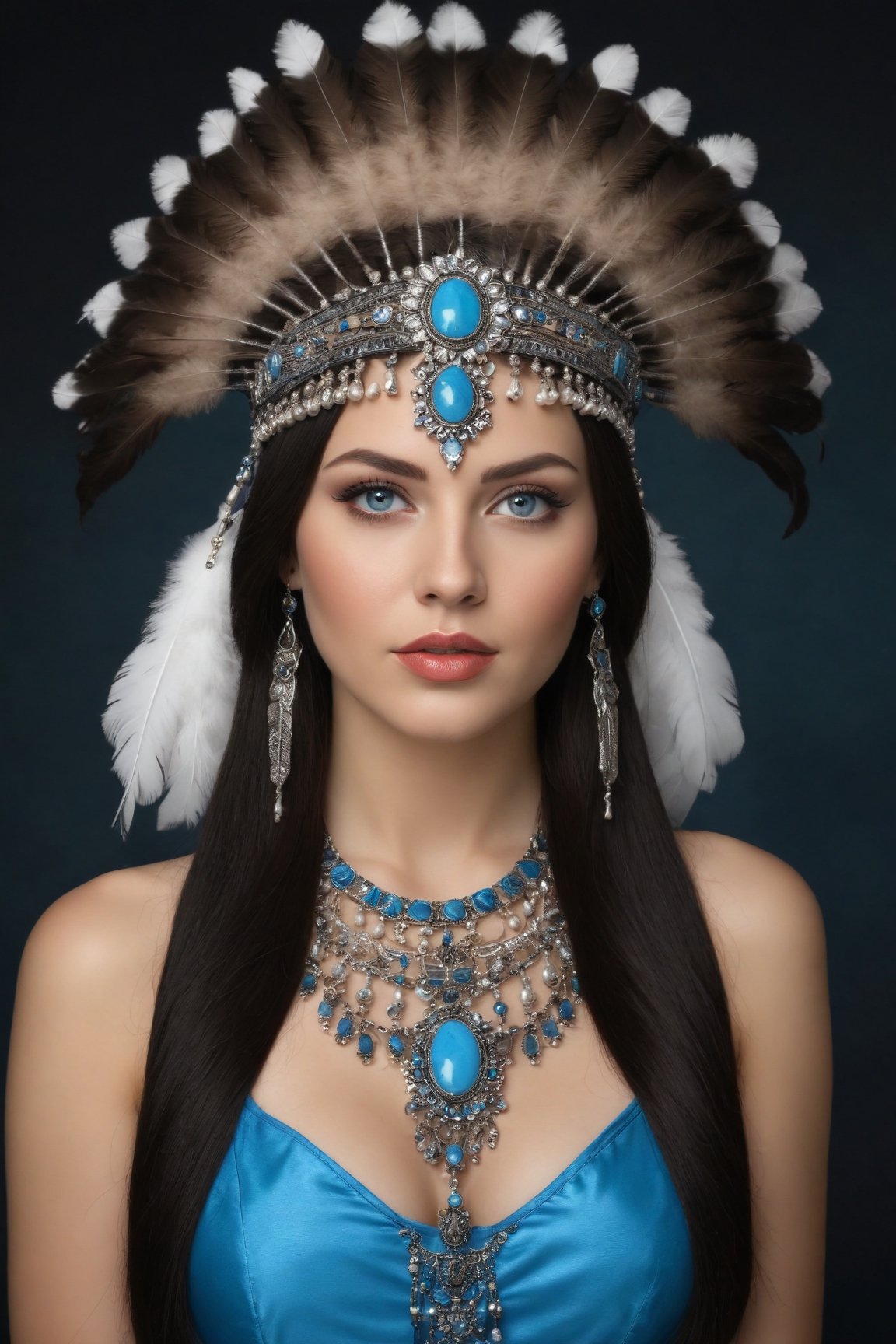 (best quality,8K,highres,masterpiece), ultra-detailed, (realistic portrait) of a girl, solo, showcasing long, flowing black hair and captivating blue eyes that hold the viewer's gaze. This portrait emphasizes her striking features enhanced by meticulous makeup, including vivid lipstick that accentuates her lips. She wears exquisite jewelry, a necklace that complements her attire, and is adorned with a unique headdress featuring feathers, adding a majestic and ethereal quality to her appearance. The inclusion of a mask and face paint draws inspiration from Native American traditions, enriching the portrait with cultural depth and significance. The overall composition is a celebration of beauty, tradition, and the artistry of makeup and adornment, rendered with lifelike precision and attention to detail.