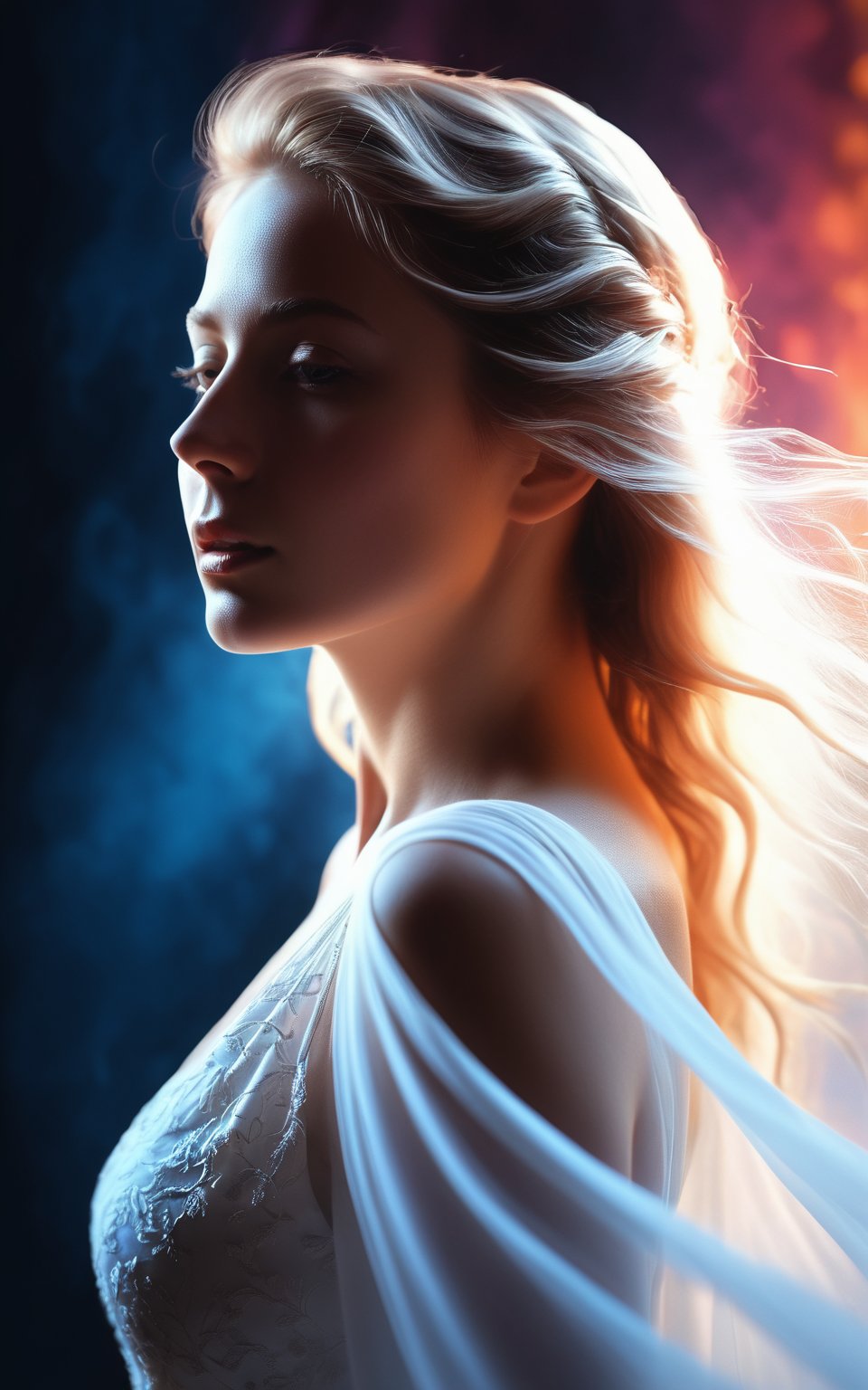 (best quality, 4K, 8K, high-resolution, masterpiece), ultra-detailed, photorealistic, glowing white silhouette of woman, ethereal colored background, soft lighting, dreamy atmosphere, digital art, artistic composition, high contrast.