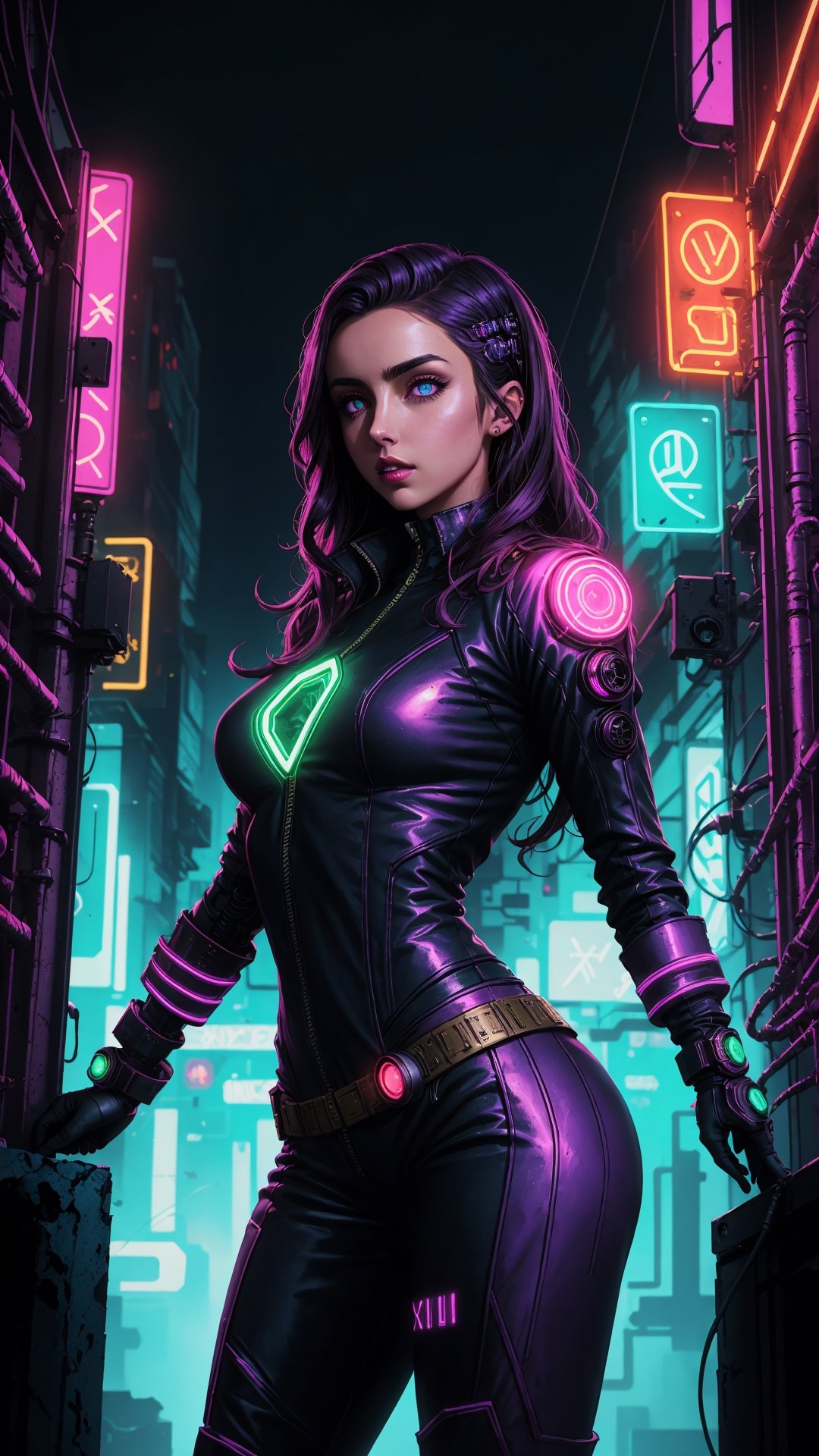 Ana De Armas as cyberpunk ninja robot warrior, light purple Eyes, Marvel X-23, goth, Julie Bell, Patrick Nagle, art style, frontal perspective, action shot, vibrant color, high detail, Laboratory neon background.