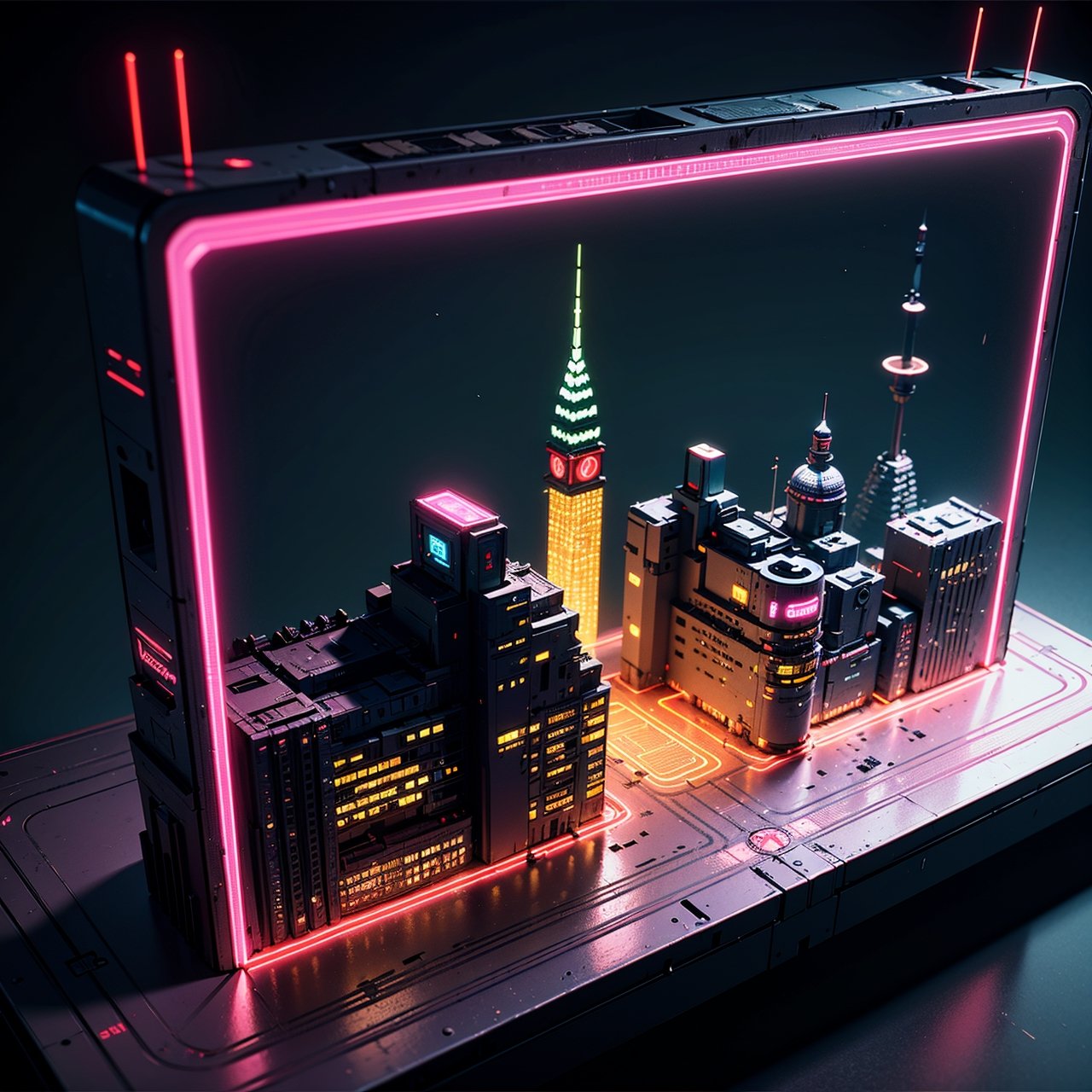 best quality,(masterpiece:1.1),3d,cyberpunk city,futuristic,neon light, isometric view,high resolution,detailed details,simple background,