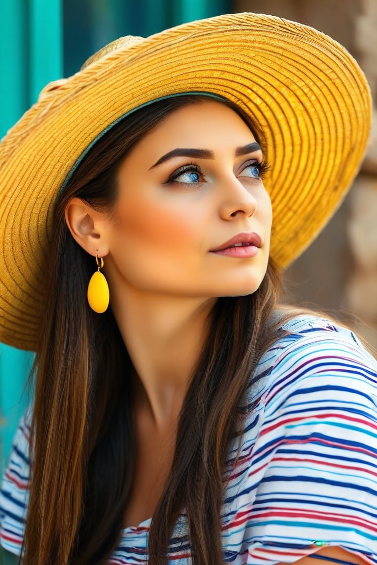 A woman is wearing a large straw hat. She has long brown hair and is wearing large yellow earrings. There is a striped shirt under the hat. The woman has blue eyes and is looking off to the side. 