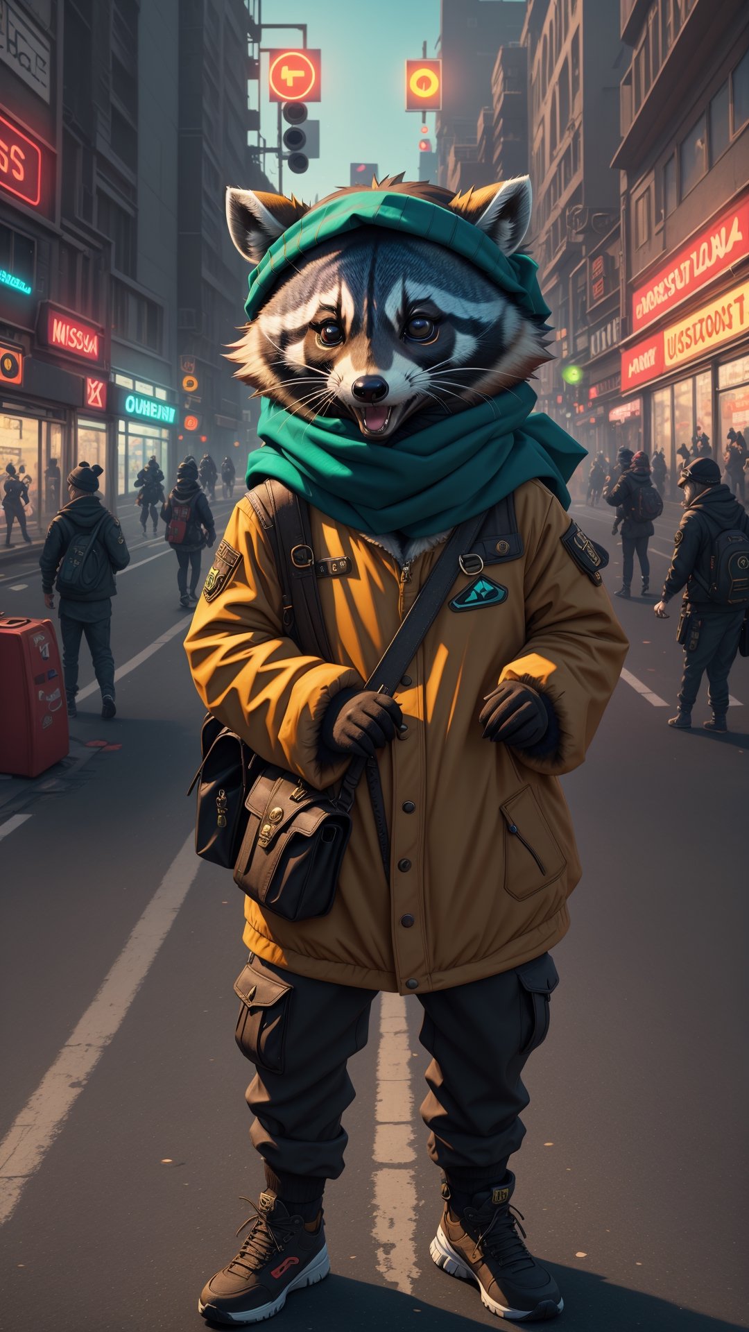 (best quality,highres), 3D video game raccoon wearing a bandana on his head, demands money, vibrant colors, detailed fur, intense expression, dynamic pose, urban street backdrop, digital art, neon lights, game character, mischievous vibe