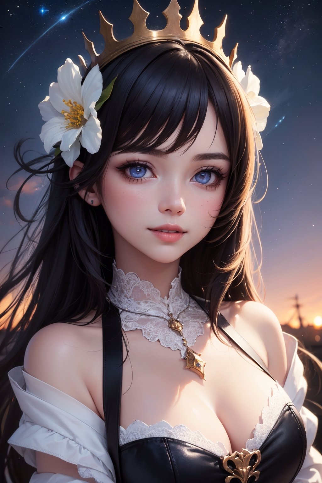 (best quality,high_resolution,distinct_image,detailed_background),1girl,beautiful detailed eyes,beautiful detailed lips,extremely detailed eyes and face,longeyelashes,wearing random clothes,2flowers,3night sky,4dutch angle,5wide shot,shy smile,crown,portrait,soft pastel color palette,romantic lighting.