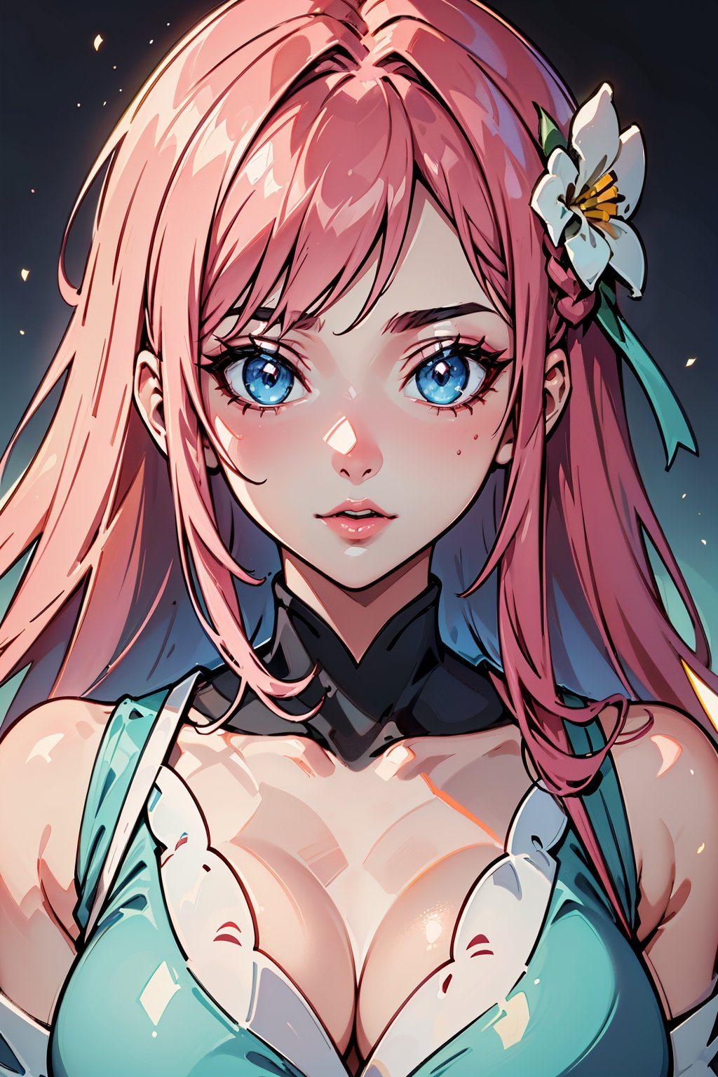 (Detailed Lights, Detailed Shadows), 1Woman, Pink Colored Hair, Close-up, Portrait, (Light Blue Colored Eyes), Extremely Detailed Clothes, ((Modern Clothes)), Beautiful Hair, Muscular, Hair Down, Extremely Detailed Background, Beautiful Background, (Long Hair), MakeUp, Pokemon Trainer, A White Flower on the Head