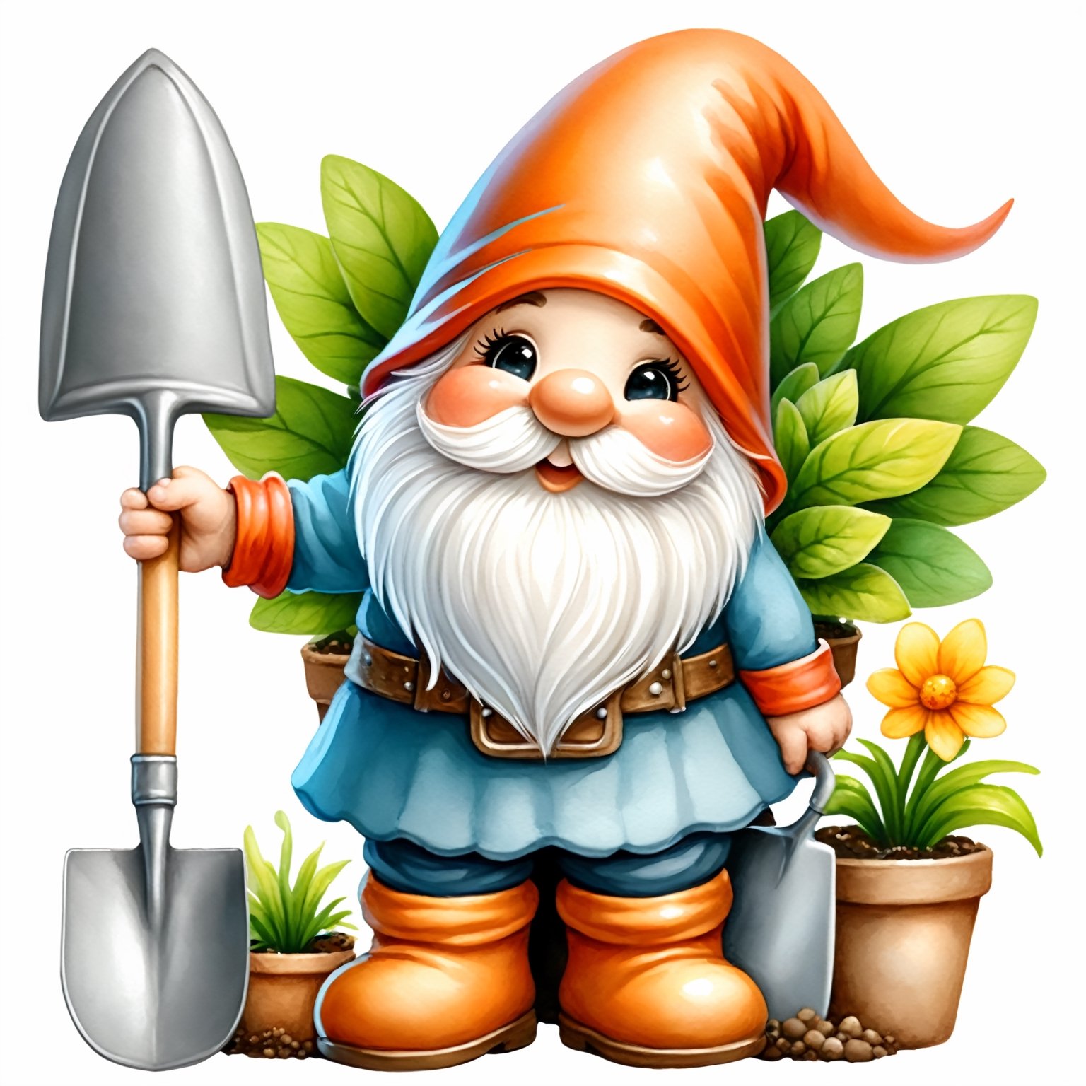 AiArtV,Happy Easter,colorful,easter theme,clipart, a gnome with a shovel and potted plants