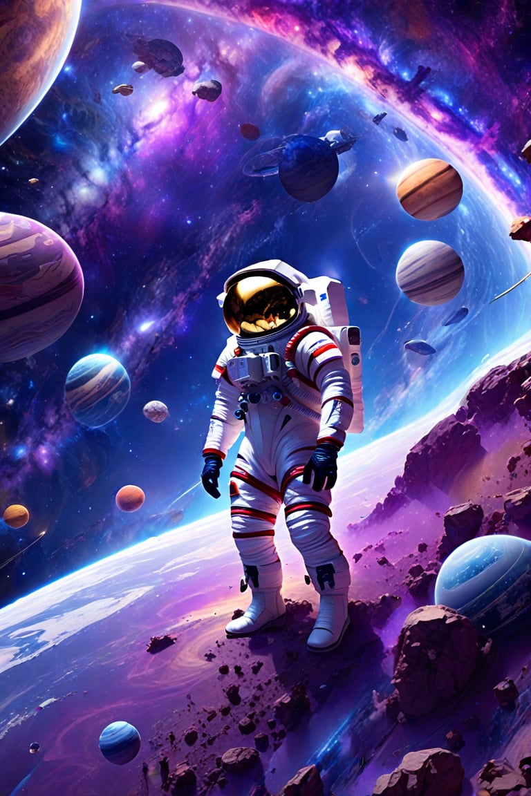 an astronaut standing on the surface of a planet surrounded by planets and other space objects, looking up at the sky,outer space