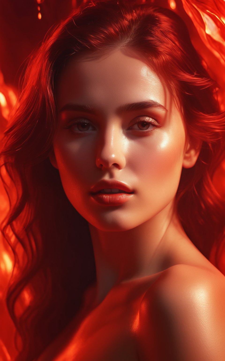 (best quality, 4K, 8K, high-resolution, masterpiece), ultra-detailed, photorealistic, young stunning woman, ethereal glow, red hues, soft lighting, melting effect, surreal atmosphere, digital art.