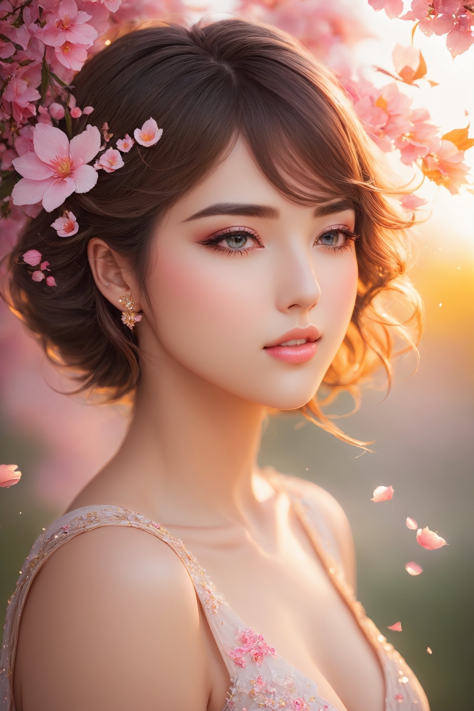 best quality,ultra-detailed,highres,realistic,extremely detailed eyes and face,beautiful detailed eyes,beautiful detailed lips, longeyelashes,1girl,short-hair,hair fluttering in the wind,facing to the side,look up at your face,eyes closed,(sleeveless:1.1),skirt,D cup breasts,countless petals are falling,portraits,vivid colors,soft lighting,bokeh