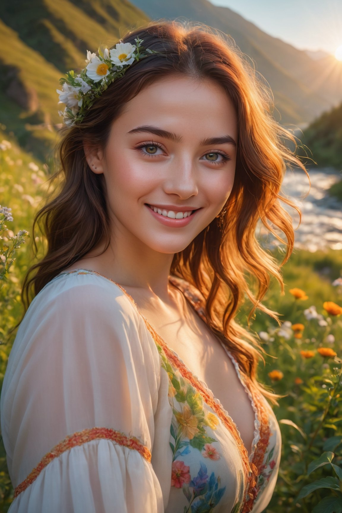 (best quality,8k,highres,masterpiece:1.2),photorealistic,ultra-detailed,vibrant photography of a woman in nature, cute smile,dramatic lighting,finely detailed beautiful eyes,fine detailed skin,Natural scenery,majestic landscape,colorful flowers,distant mountains,flowing rivers,melting sunset,serene atmosphere,dazzling sunlight,blissful vibes,freckled face,luscious greenery,soft breeze,ethereal beauty