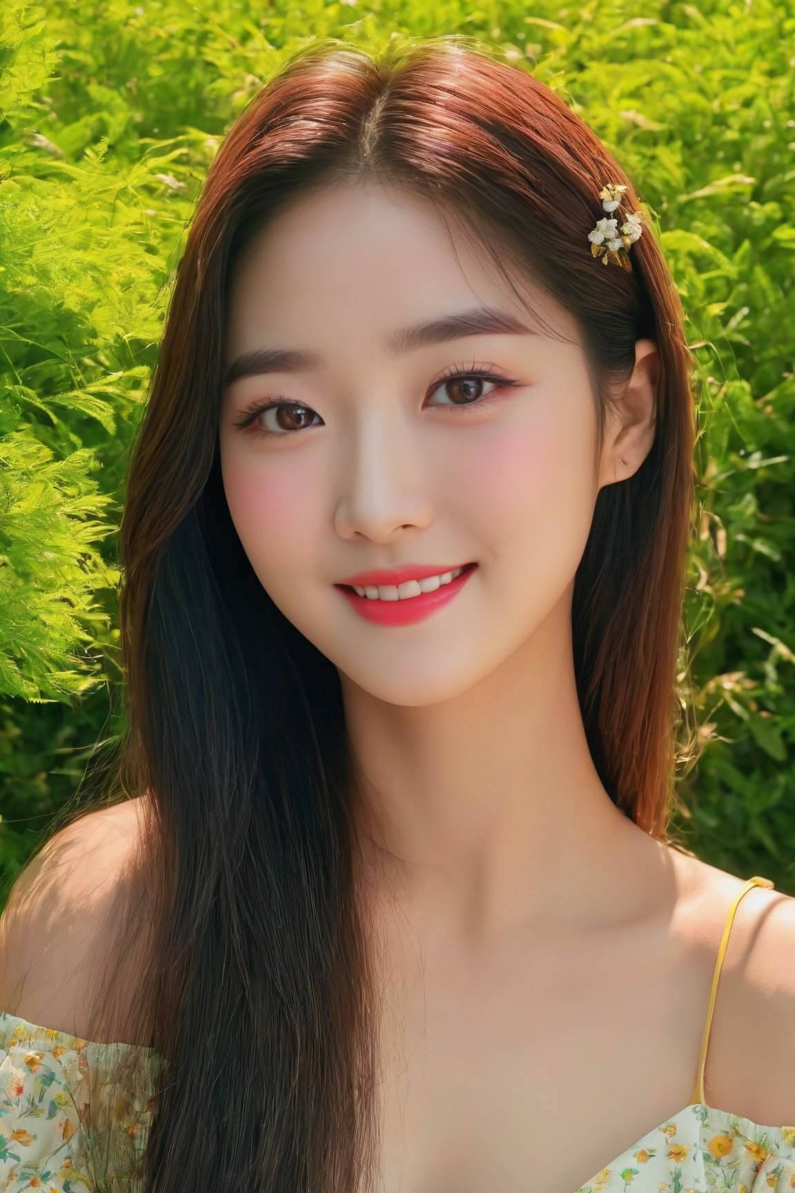 (best quality, masterpieces:1.2, ultra high resolution, 8k, realistic:1.4), 1girl, korean, cute smile, off-the-shoulders, cinematic lighting, beautiful detailed eyes, beautiful detailed lips, longeyelashes, soft skin, flowing hair, colorful garden backdrop, vibrant colors, sunshine ambiance