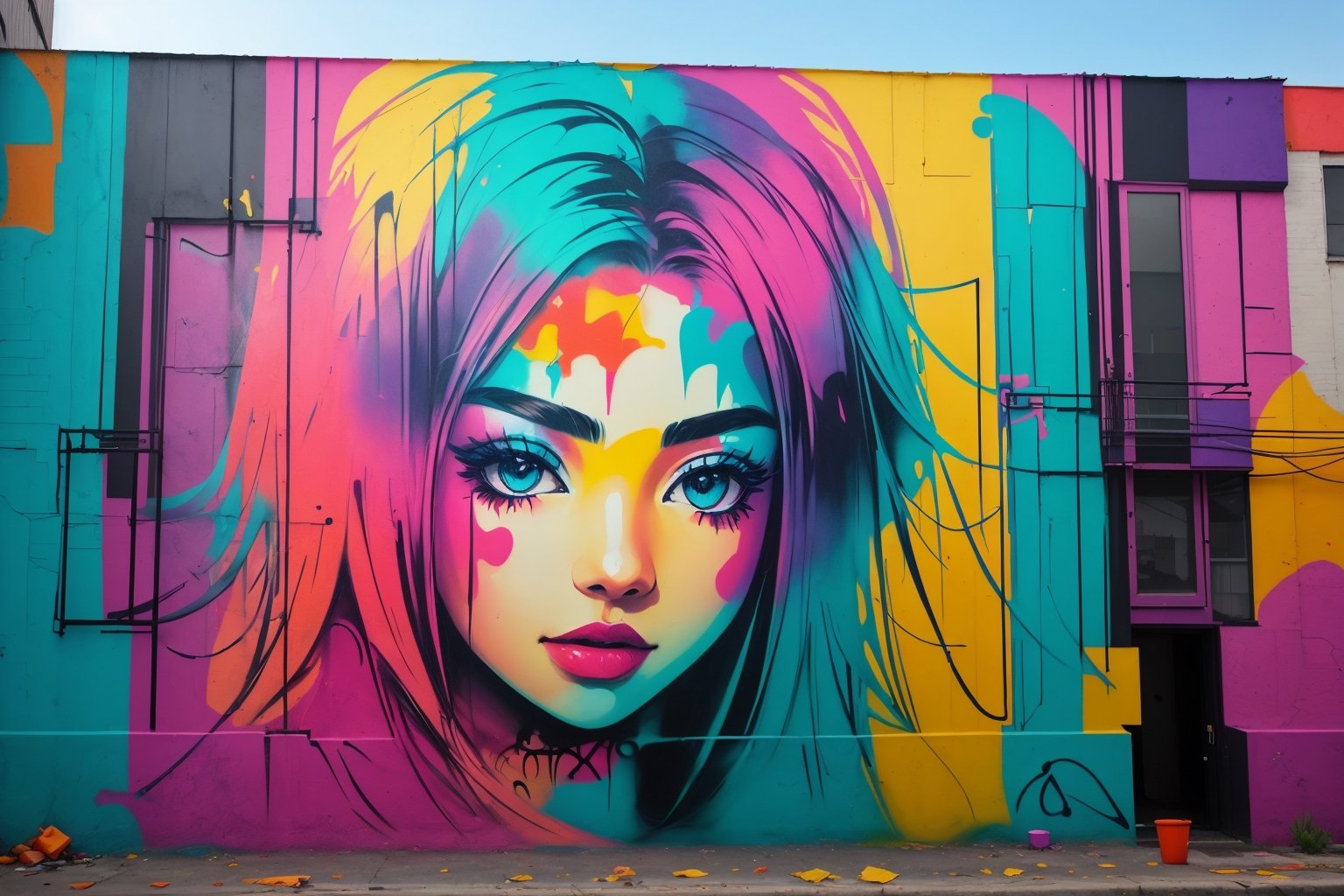 Contemporary street art mural, 1girl, (vibrant graffiti-style wall), A dynamic mix of abstract and figurative elements, brought to life with a bold and captivating color palette.