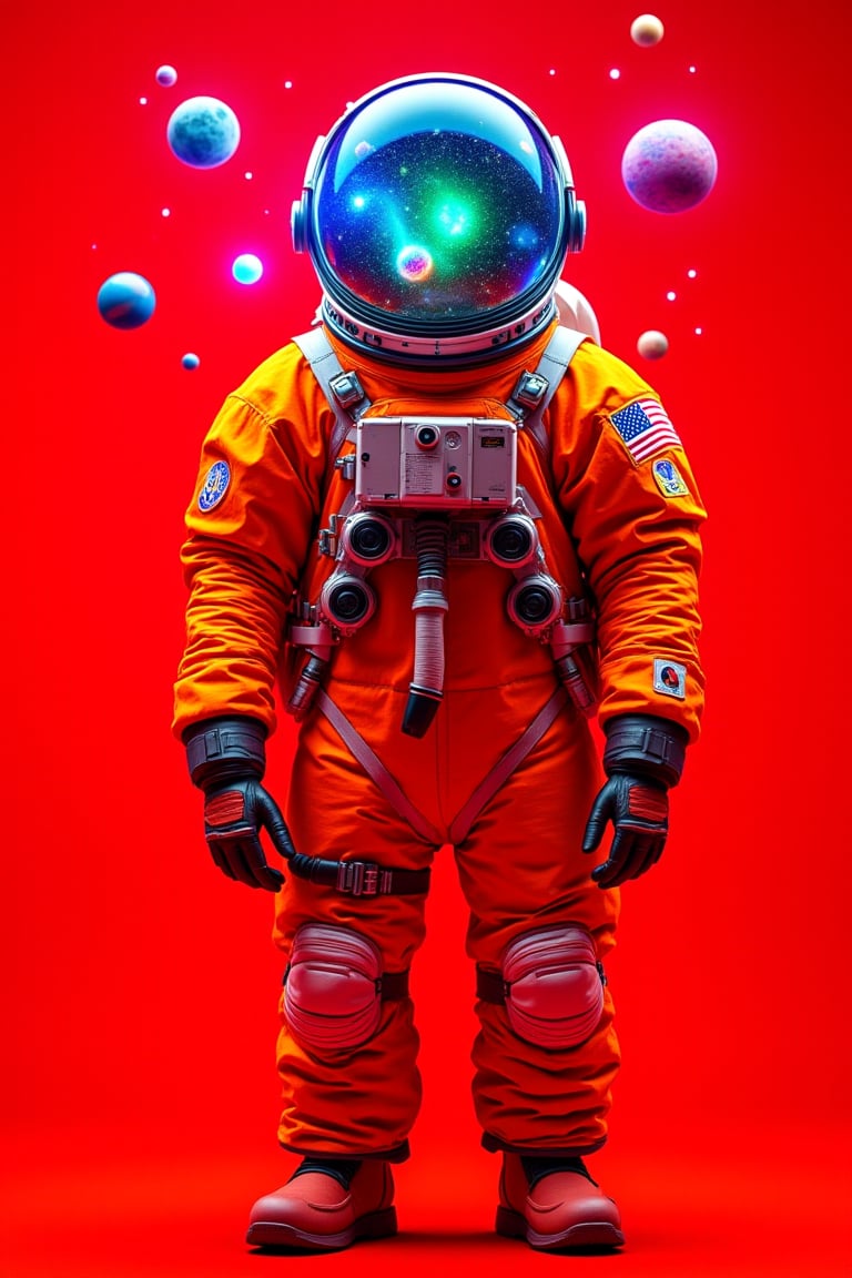 An astronaut clad in a vibrant orange spacesuit stands against a bright red background. The helmet, reflecting cosmic scenes, glows with blue and green highlights. Surrounding the astronaut are floating planets and stars emitting a luminous aura. The suit is detailed with tubing, gadgets, and metallic accents, creating a futuristic appearance. The dynamic, otherworldly atmosphere adds a sense of adventure and exploration.