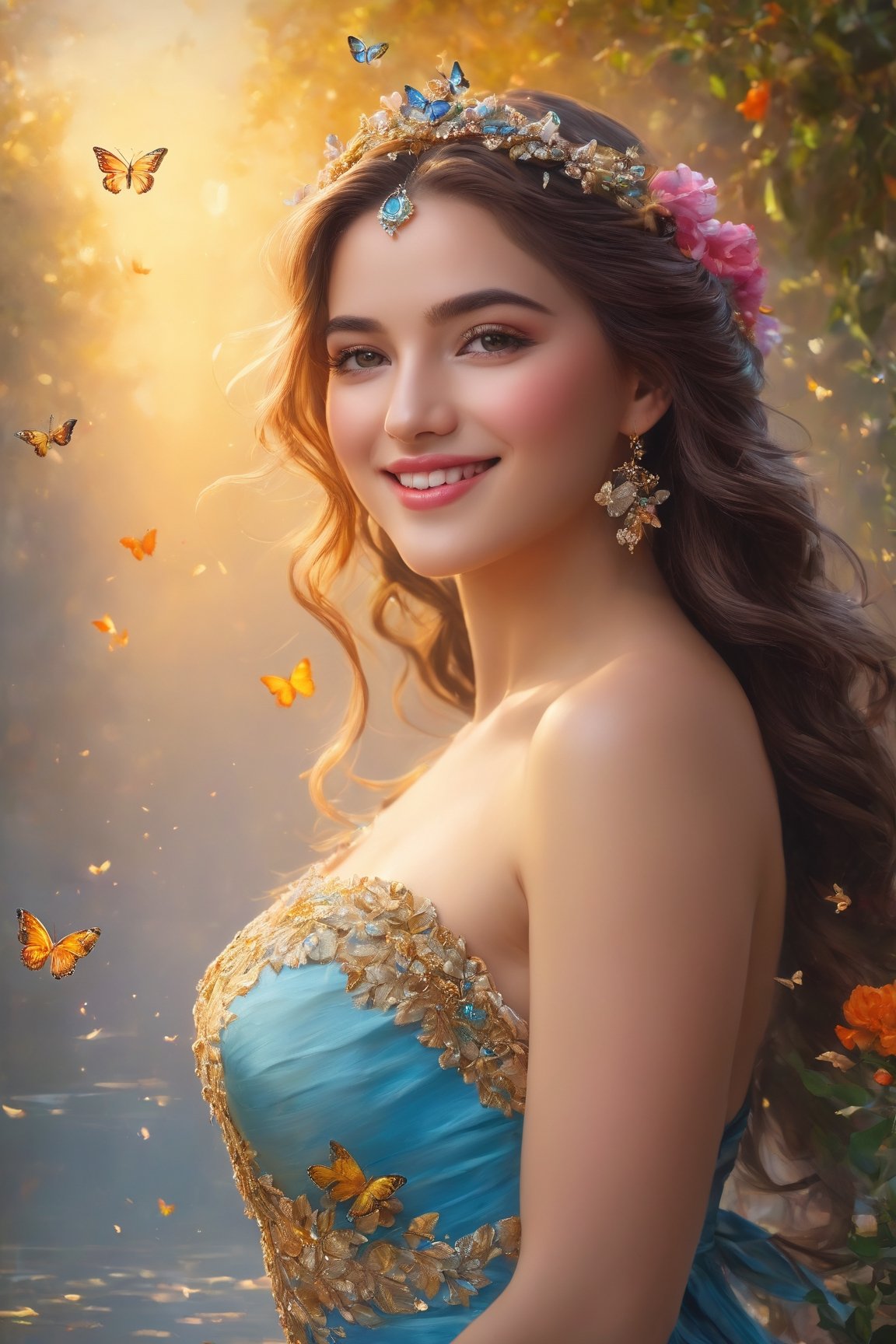 (best quality,4k,8k,highres,masterpiece:1.2),ultra-detailed,(realistic,photorealistic,photo-realistic:1.37),woman,beautiful,cute smile,fancy,haven goddess,portrait,powerful aura,shining eyes,luxurious jewelry,colorful flowers,butterflies,detailed features,soft and glowing skin,graceful pose,flowing dress,smooth hair,ethereal background,impressive light and shadow,meticulous attention to detail,vivid colors,classic oil painting style,paint strokes,subtle textures,fine brushwork,tangible 3D effect,harmonious color palette,entrancing atmosphere,eye-catching composition,dreamlike ambiance