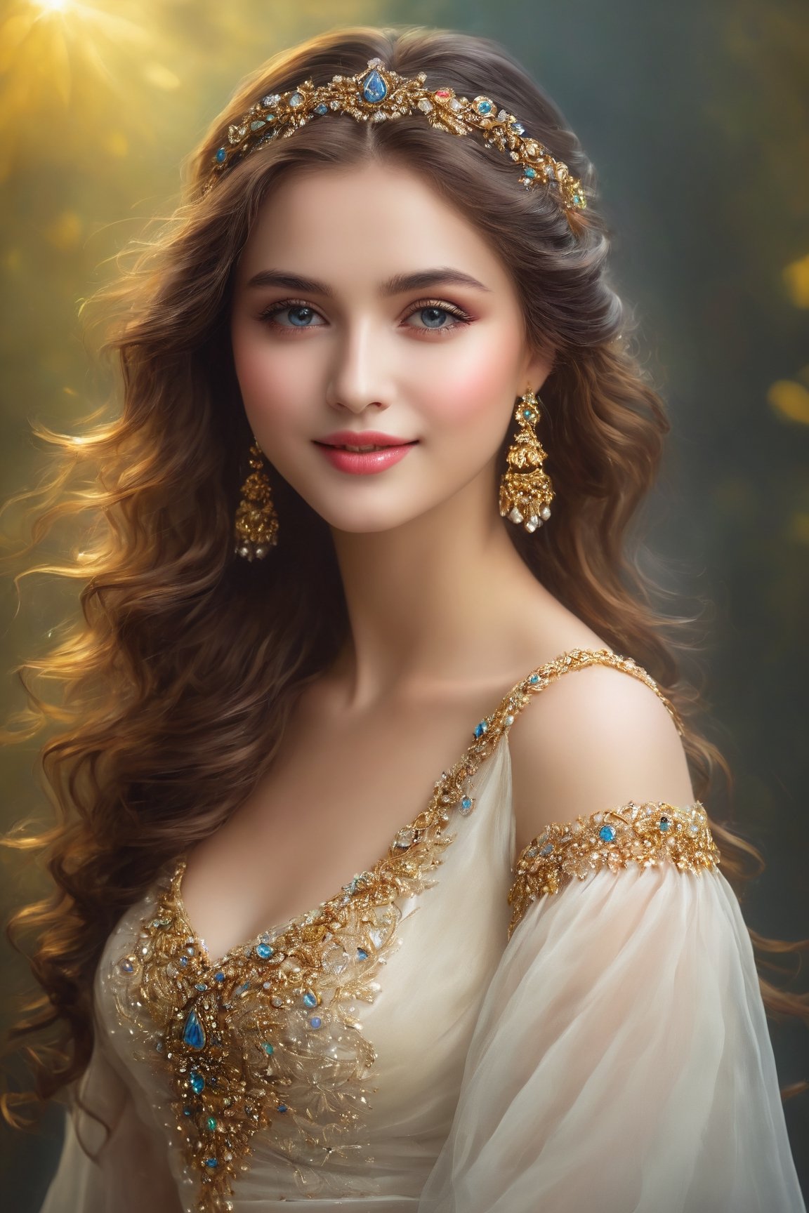 (best quality,4k,8k,highres,masterpiece:1.2),ultra-detailed,realistic,portrait,female,beautiful detailed eyes,beautiful detailed lips,cute smile,fancy style,medium:oil painting,soft brush strokes,vibrant colors,delicate features,graceful pose,flowing hair,gorgeous dress,sparkling jewelry,subtle shading,ethereal atmosphere,gentle lighting,magical ambiance,harmonious color palette,sublime beauty