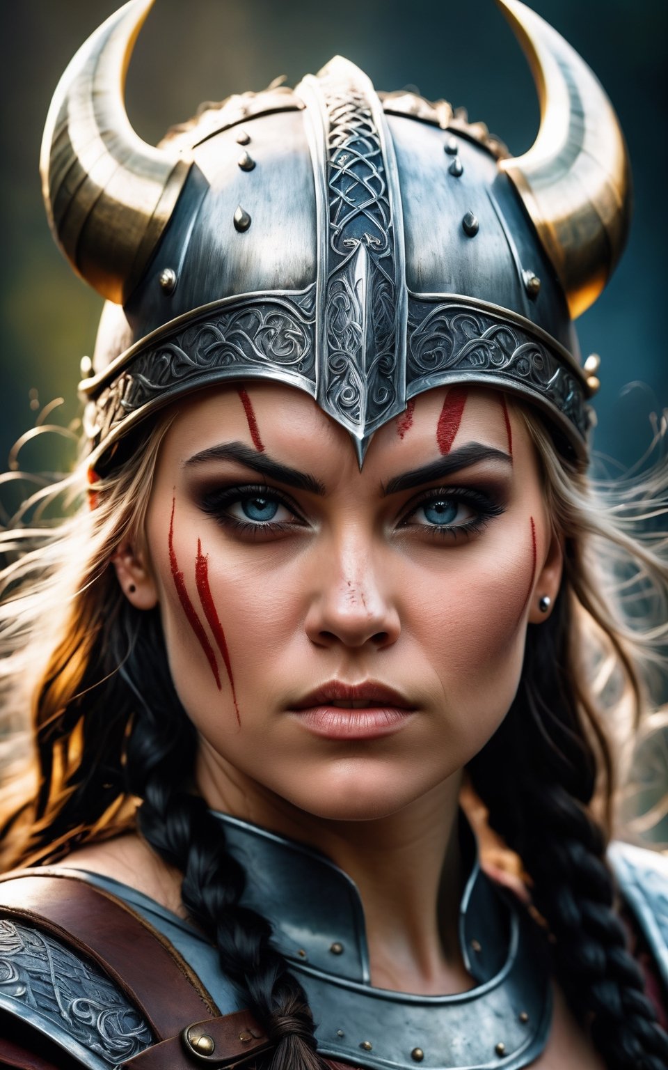 (best quality, 4k, 8k, highres, masterpiece:1.2), ultra-detailed, realistic, photorealistic, (a fierce viking warrior with a fierce expression, wearing leather armor and a horned helmet), beautiful detailed eyes, beautiful detailed lips, extremely detailed eyes and face, warrior attitude, grim and strong appearance, strong and muscular build, standing confidently in a dramatic pose, holding a battle axe raised high, brandishing an intimidating sword, powerful presence, strong and determined facial expression, scars and battle wounds on her face, viking-inspired tattoos covering her arms and body, a tattoo of a dragon on her neck, cinematic lighting and composition, dramatic shadows and highlights, photorealistic textures and details, realistic and vibrant colors, vivid backgrounds and landscapes, highly detailed hair and braid styles, masterpiece quality and resolution, powerful and cinematic atmosphere, creating a sense of awe and intimidation