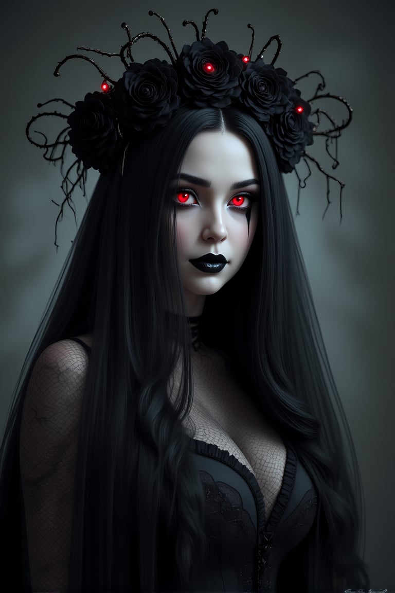 A dark, gothic portrait of a mysterious woman with pale skin and glowing, fiery red eyes. She wears a long, flowing black veil that drapes over her shoulders and covers part of her intricate, lace gothic dress. Her makeup is dramatic with black, smeared eyeliner extending from her eyes, creating a haunting effect. A black floral crown made of twisted branches and dark roses adorned with small glowing red orbs rests atop her head, enhancing her eerie appearance. Her lips are painted a deep shade of black, and her expression is cold and ethereal. The background is a blurred, muted tone, emphasizing the supernatural aura of the subject.