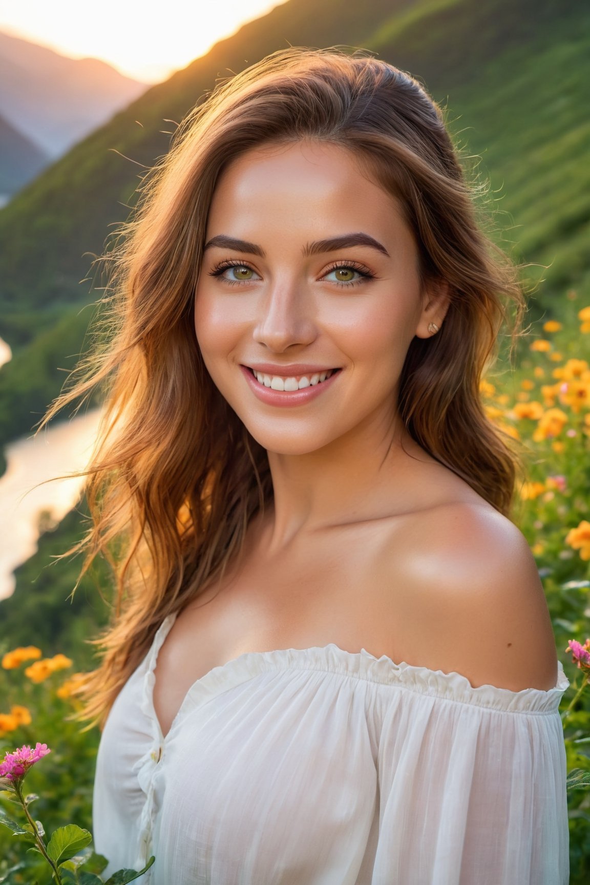 (best quality,8k,highres,masterpiece:1.2),photorealistic,ultra-detailed,vibrant photography of a woman in nature, cute smile,dramatic lighting,finely detailed beautiful eyes,fine detailed skin,Natural scenery,majestic landscape,colorful flowers,distant mountains,flowing rivers,melting sunset,serene atmosphere,dazzling sunlight,blissful vibes,freckled face,luscious greenery,soft breeze,ethereal beauty