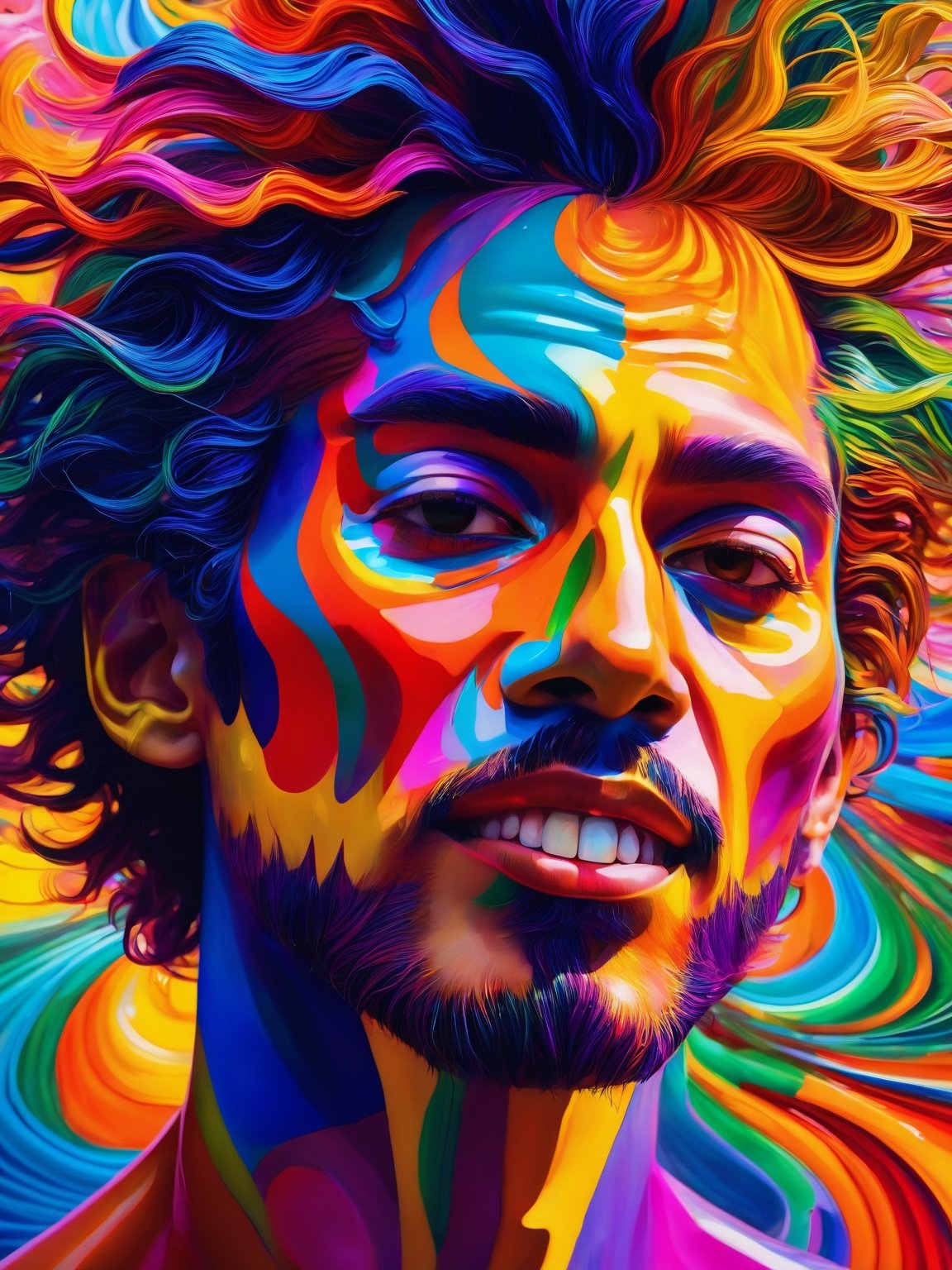 (best quality,8K,highres,masterpiece), ultra-detailed, (super colorful, vibrant), in a mesmerizing and swirling composition, an ethereal madman with wild, multi-hued hair and an enigmatic, mischievous grin captivates viewers. The neon painting bursts with a kaleidoscope of vivid and contrasting shades that bring the character to life in a dazzling display of colors. Elongated limbs and vibrant, pointed facial features add an element of energetic expression and intrigue, while the artist's intricate and vibrant brushwork showcases a masterful skill and unwavering attention to detail. This high-quality image transports us into a world of awe-inspiring wonder, evoking a sense of curiosity and fascination.