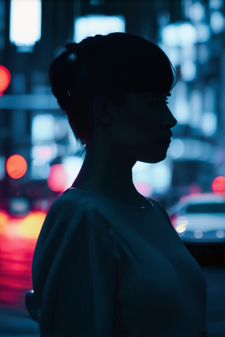 best quality, 4K, 8K, high-resolution, masterpiece, ultra-detailed, photorealistic,  a woman is silhouetted in front of a dark background with lots of light coming from the street lights, short hair, black hair, 1boy, male focus, blurry, depth of field, realistic, dark