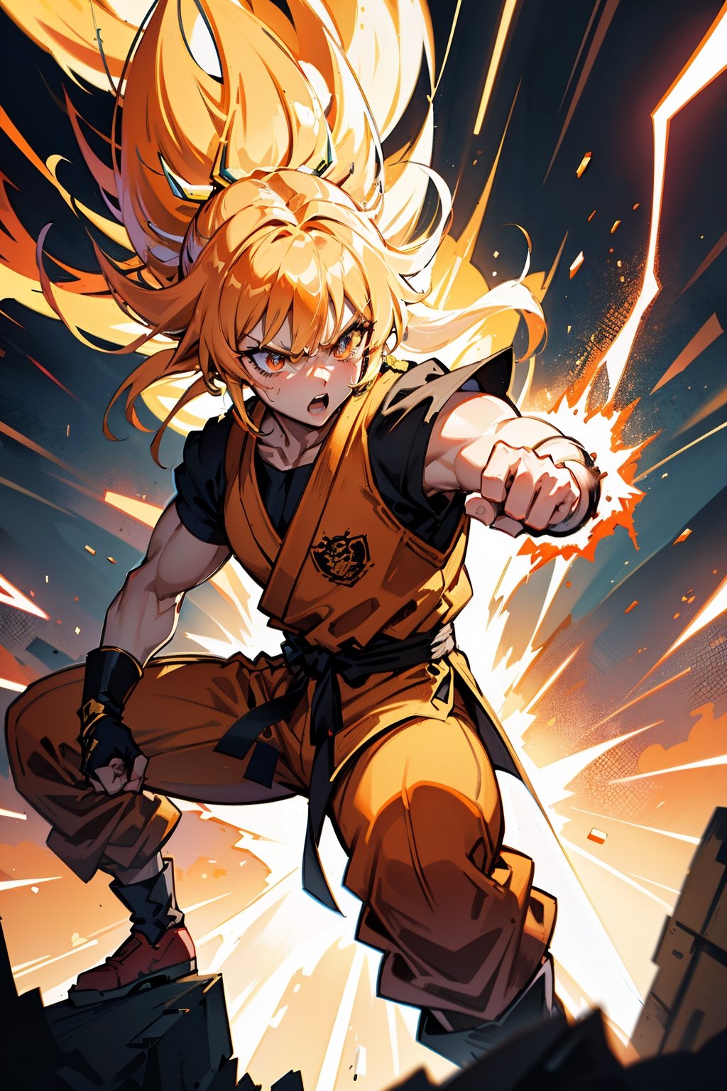 Goku, kaioken style, orange bright aura with bolts, anime, saiyan clothing, (best quality,4k,8k,highres,masterpiece:1.2), sharp focus, angry look, fight pose, intense battle, epic energy waves, dramatic lighting, muscular physique, dynamic composition, powerful punches, energetic fighting moves, vibrant colors, dynamic perspective, aura emanating from the body, fierce determination, iconic character, intense power, fast-paced action, detailed facial features, spiky hair, steely gaze, iconic Super Saiyan transformation, explosive energy blasts, high-impact action, electrifying atmosphere, adrenaline-pumping fight scene, ferocious intensity, iconic outfit, iconic fighting stance, fiery energy surges, world-threatening clash, adrenaline-fueled battle, explosive energy beams, adrenaline rush, immersive artwork, mesmerizing visual effects, atmospheric shading, dramatic tension, epic showdown, exhilarating combat, striking visual style