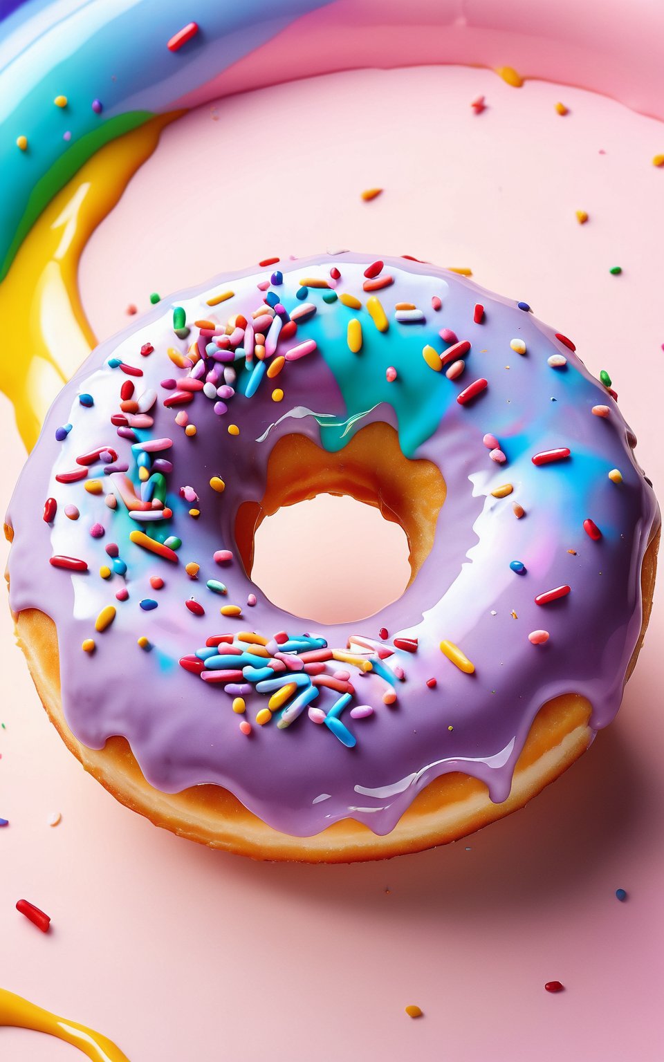 (best quality, 4k, 8k, highres, masterpiece), ultra-detailed,a donut coated with an iridescent glossy glaze that mirrors a pastel rainbow with swirls of ethereal pastel nebulas covered in colorful sprinkles 