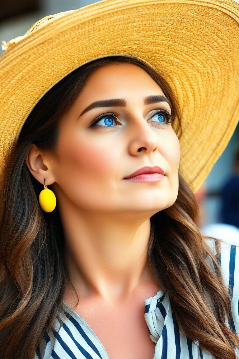 A woman is wearing a large straw hat. She has long brown hair and is wearing large yellow earrings. There is a striped shirt under the hat. The woman has blue eyes and is looking off to the side. 