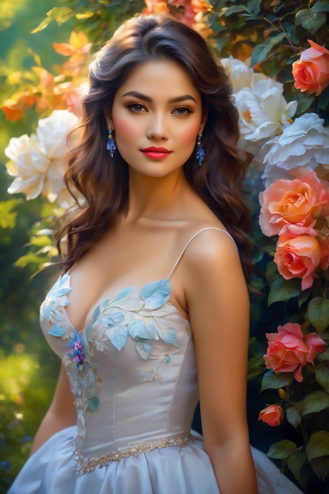 (young adult, beautiful, seductive, alluring), (best quality, highres, ultra-detailed), (oil painting, fine art), (vibrant colors, warm tones), (soft lighting, dramatic shadows), (deep gaze, captivating eyes), (rosy lips, luscious mouth), (porcelain skin, flawless complexion), (elegant dress, revealing neckline), (attractive pose, confident stance), (lush garden background, blooming flowers), (subtle breeze, swaying leaves), (romantic atmosphere, dreamy ambiance), (sensual expression, subtle smile)