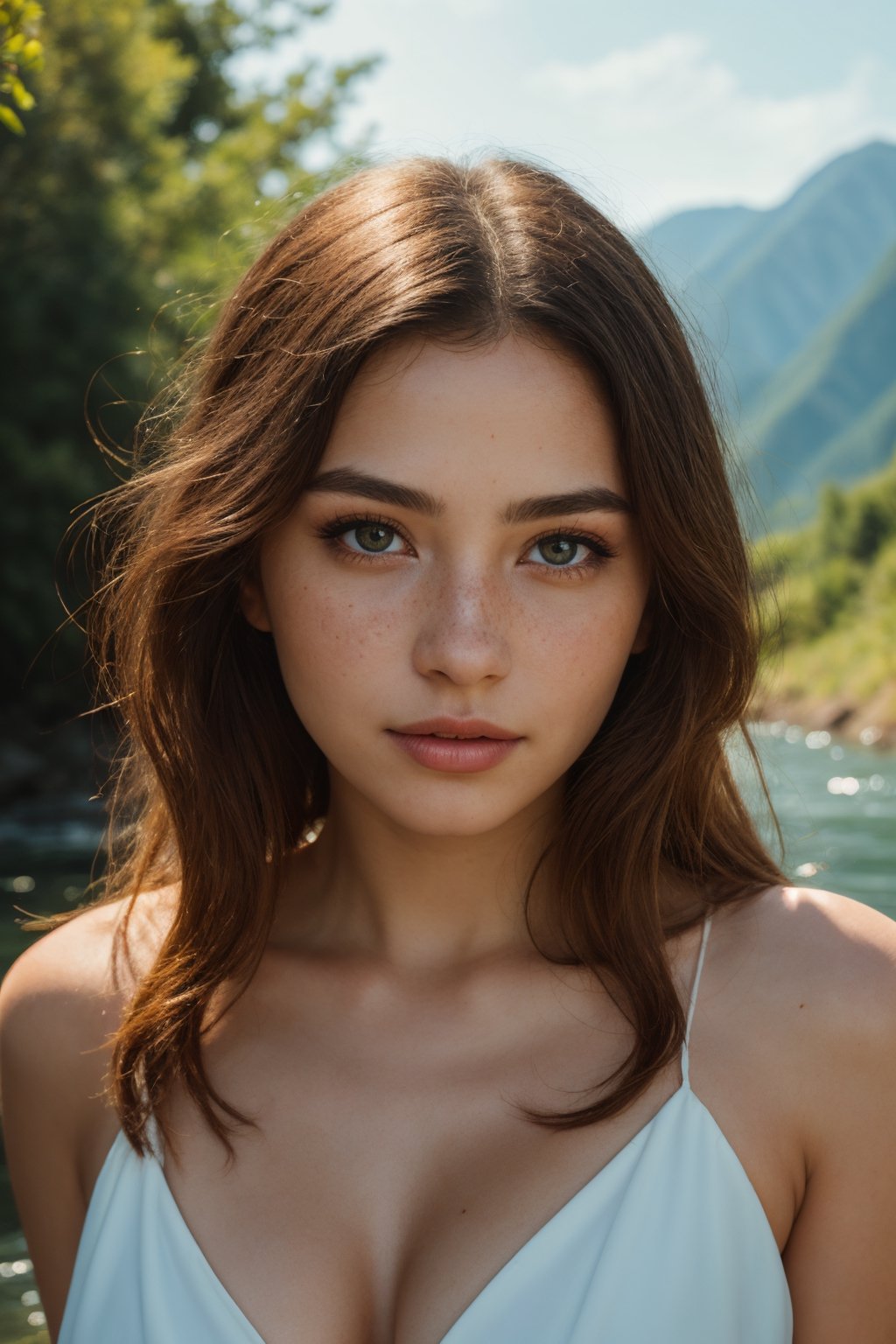 (best quality,8k,highres,masterpiece:1.2),photorealistic,ultra-detailed,vibrant photography of a woman in nature,dramatic lighting,finely detailed beautiful eyes,fine detailed skin,Natural scenery,majestic landscape,colorful flowers,distant mountains,flowing rivers,melting sunset,serene atmosphere,dazzling sunlight,blissful vibes,freckled face,luscious greenery,soft breeze,ethereal beauty