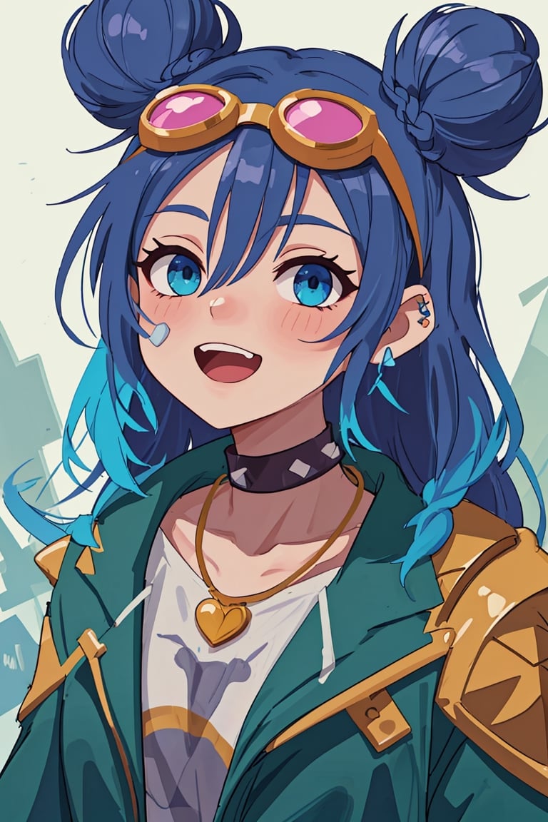 (best quality, 4k, 8k, highres, masterpiece:1.5), ultra-detailed, 1girl,solo,long hair,looking at viewer,blush,smile,blue eyes,jewelry,blue hair,jacket,upper body,braid,:d,heart,multicolored hair,earrings,fang,artist name,necklace,hair bun,twin braids,collar,double bun,tattoo,chain,piercing,goggles,ear piercing,bandaid,spikes,goggles on head,bandaid on face,spiked collar,chain necklace,sticker,jinx (league of legends)