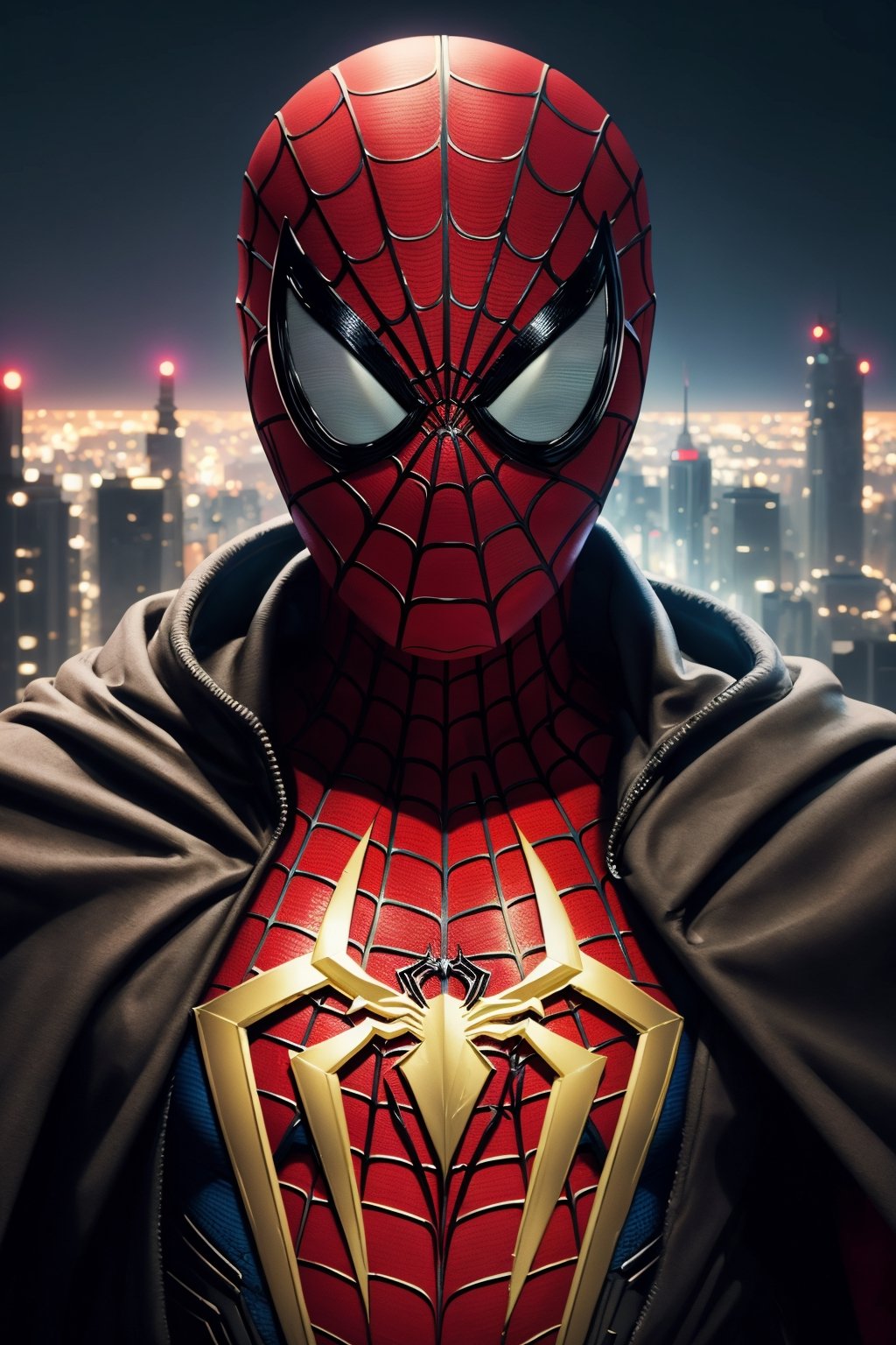 (Breathtaking 8K concept art), (Spiderman in a striking black and red armored suit, unmasked, with a flowing cape:1.3), Set against a detailed night cityscape, captured with cinematic precision, (Enhanced by soft, natural volumetric lighting:1.3), Drawing inspiration from artistic masters like Caravaggio and modern visionaries like Rutkowski and Beeple, (An ArtStation sensation:1.3), This masterpiece showcases Spiderman in a whole new light, (Artistic excellence on display:1.3)