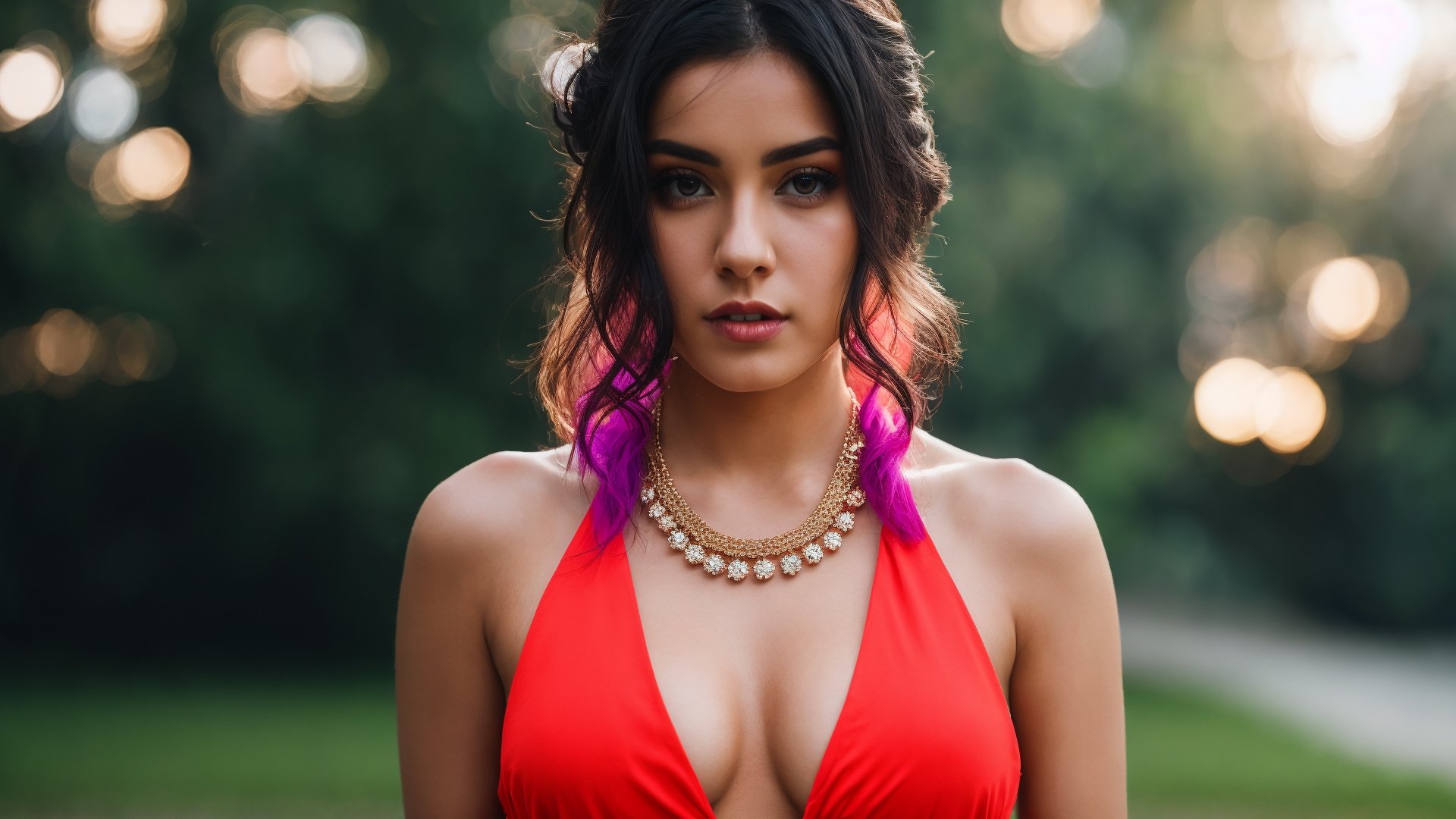 best quality, masterpiece, highres, 1girl, Sexy colorful dress, messy hairstyle, necklace, jewelry, Beautiful face, upon_body, tyndall effect, photorealistic, outdoor, rim lighting, two tone lighting, (high detailed skin:1.2), 8k uhd, dslr, soft lighting, high quality, volumetric lighting, candid, Photograph, high resolution, 4k, 8k, Bokeh, medium breasts,
