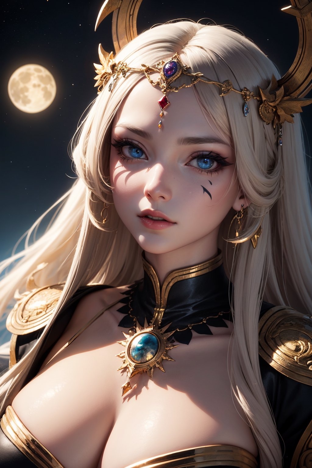 （best qualtiy,ultra - detailed,Most Best Illustration,Best shadow,tmasterpiece,A high resolution,professionalartwork,famousartwork）,Detailed eyes,beautidful eyes,closeup cleavage,sci-fy,colored sclera,Robot eyes,face markings,Tattooed with,（fractalized,Fractal eyes）,largeeyes,Wide eyes,（Eye focus）,sface focus,Cosmic eyes,Space eyes,Close-up of metal sculpture of a woman with a moon in her hair,goddes。extremly high detail,3 d goddess portrait,Extremely detailed footage of the goddess,a stunning portrait of a goddess,Side portrait of the goddess,portrait of a beautiful goddess,Full body close-up portrait of the goddess,hecate goddess,portrait of a norse moon goddess,goddess of space and time