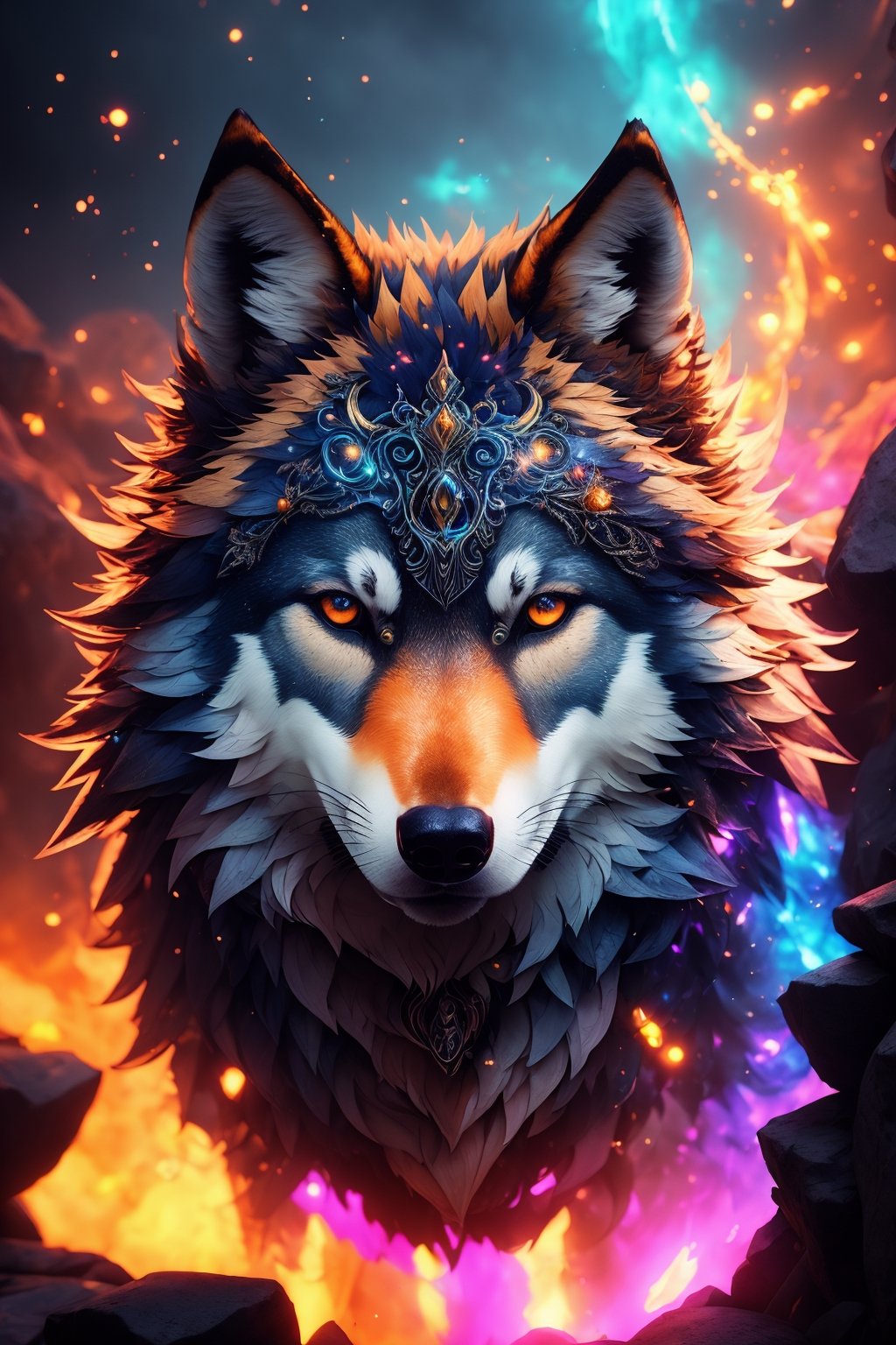 Wolf Nebulosa Galaxy, T-Shirt Art, T-Shirt Design, Shirt Print, Splash art, style, portrait poster, Adobe Illustrator, Vector, 3D Illustration, Abstract Art, Print illustrations, Dark Background, Vibrant Color, Very Colorful, Trendy Colorful Gradient, Centered, Front View, Hyper Detailed, Photorealistic Rendering, 8k HD, Focused, Super Detailed, head feathers, Intricately Detailed Splash Art Triadic Color Trend Artstation Unreal Engine 5 Volumetric Lighting, Gothic , High resolution, close-up, ambient light, Nikon 15mm f/1.8G, by GIlSam-paio octane rendering depicting innovation and truth, 8k, glamour, intricate detailed environment, lace, smudges , ornate, unreal engine, fantastica