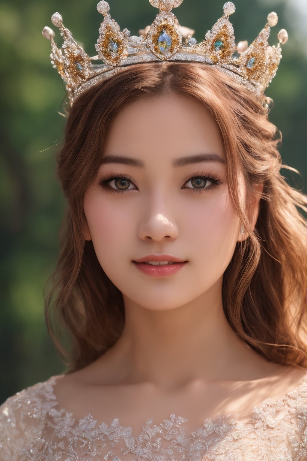 (8k, RAW photo, best quality, masterpiece:1.2), (realistic, photo-realistic:1.37), ultra-detailed, ultra high res, twtzuyu, 1 girl,looking at viewer,smile, ((wear crown on head)), queen, beautiful detailed eyes,  (floating hair), detailed clothes,  skin texture, cinematic lighting, professional lighting,