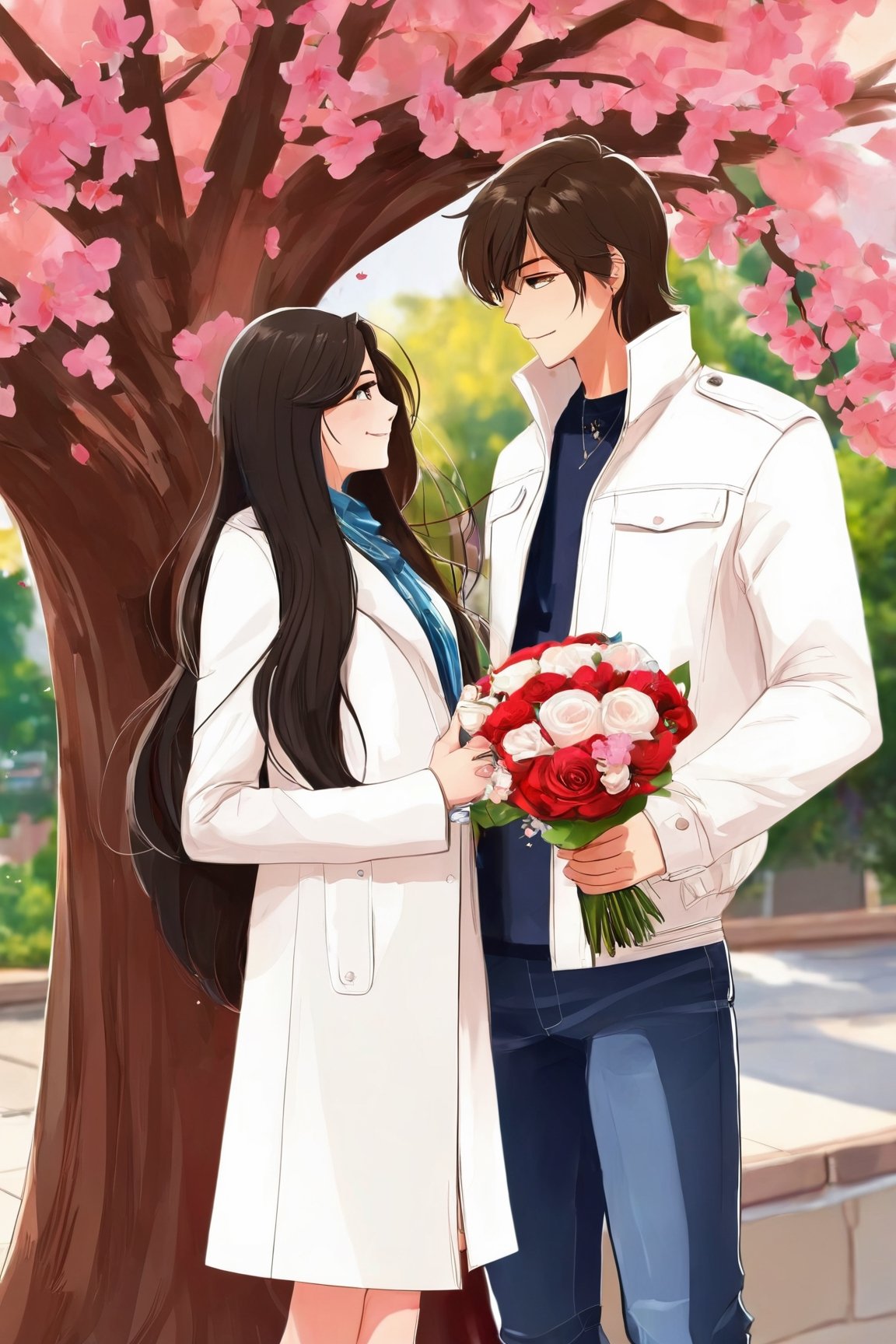 AiArtV,Valentines Day, 1girl,long hair,smile,brown hair,black hair,1boy,dress,holding,brown eyes,jewelry,jacket,flower,hetero,earrings,outdoors,parted lips,day,pants,looking at another,tree,petals,white jacket,couple,building,eye contact,hand in pocket,bouquet,holding bouquet